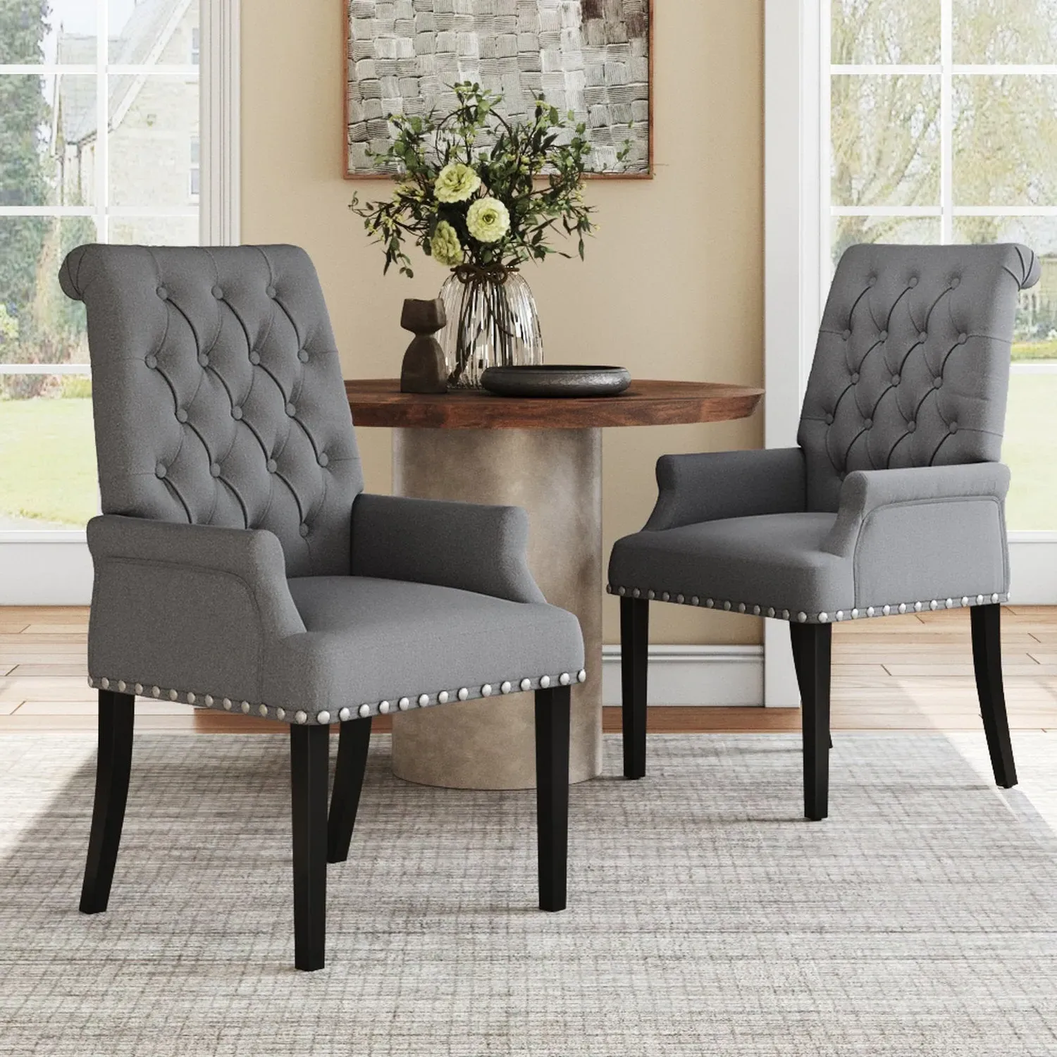 Nailhead Tufted Dining Chair - Grey, Cotton Linen by Julian Charles, image 2