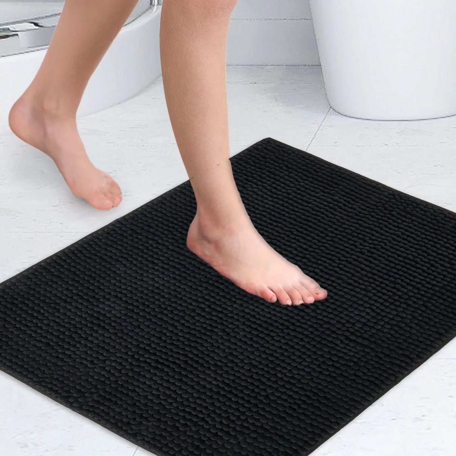 Non-Slip Bath Mat with Soft Touch - Black, Chenille