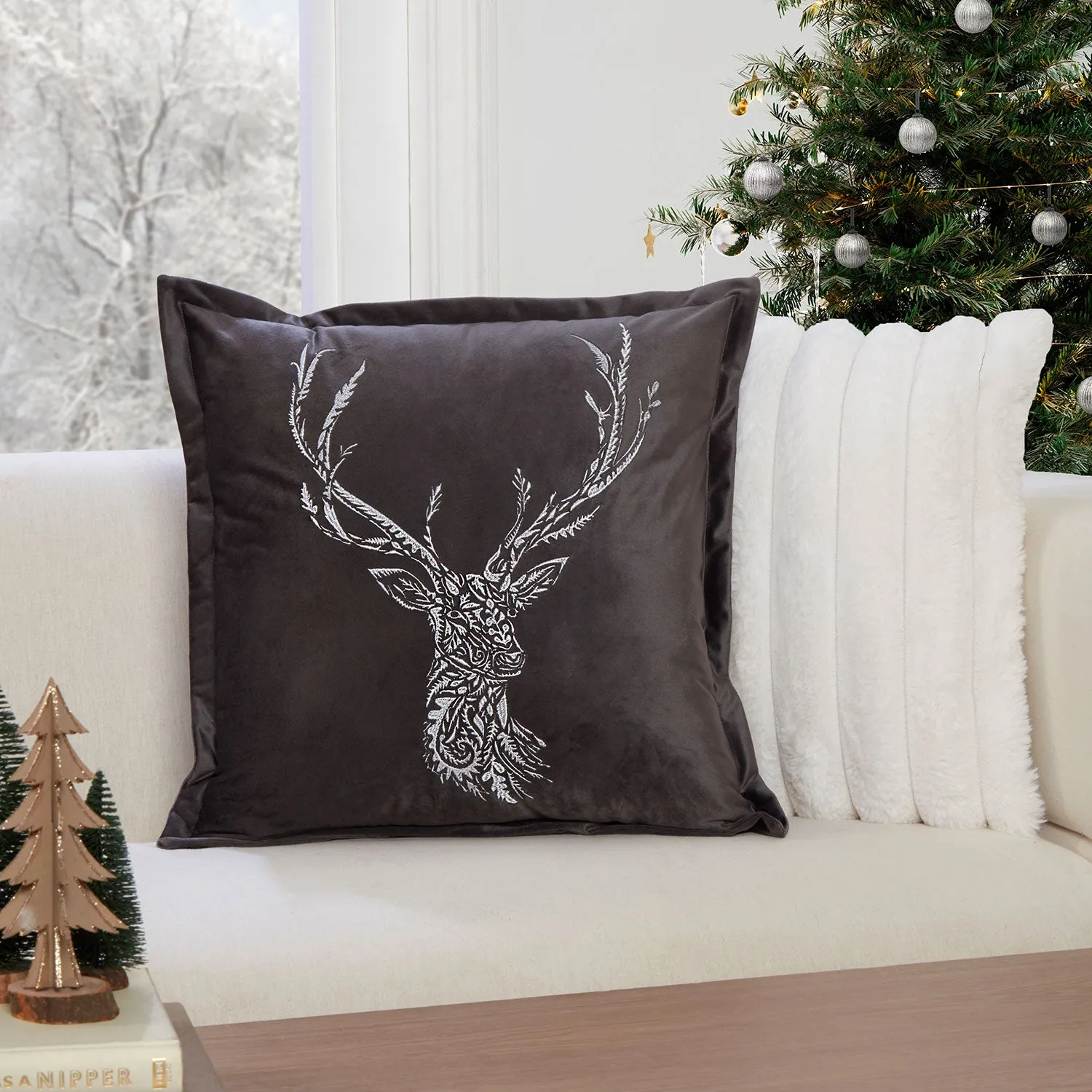 Nordic Stag Embroidered Cushion with Oxford Edge - Charcoal by Julian Charles, alternate view