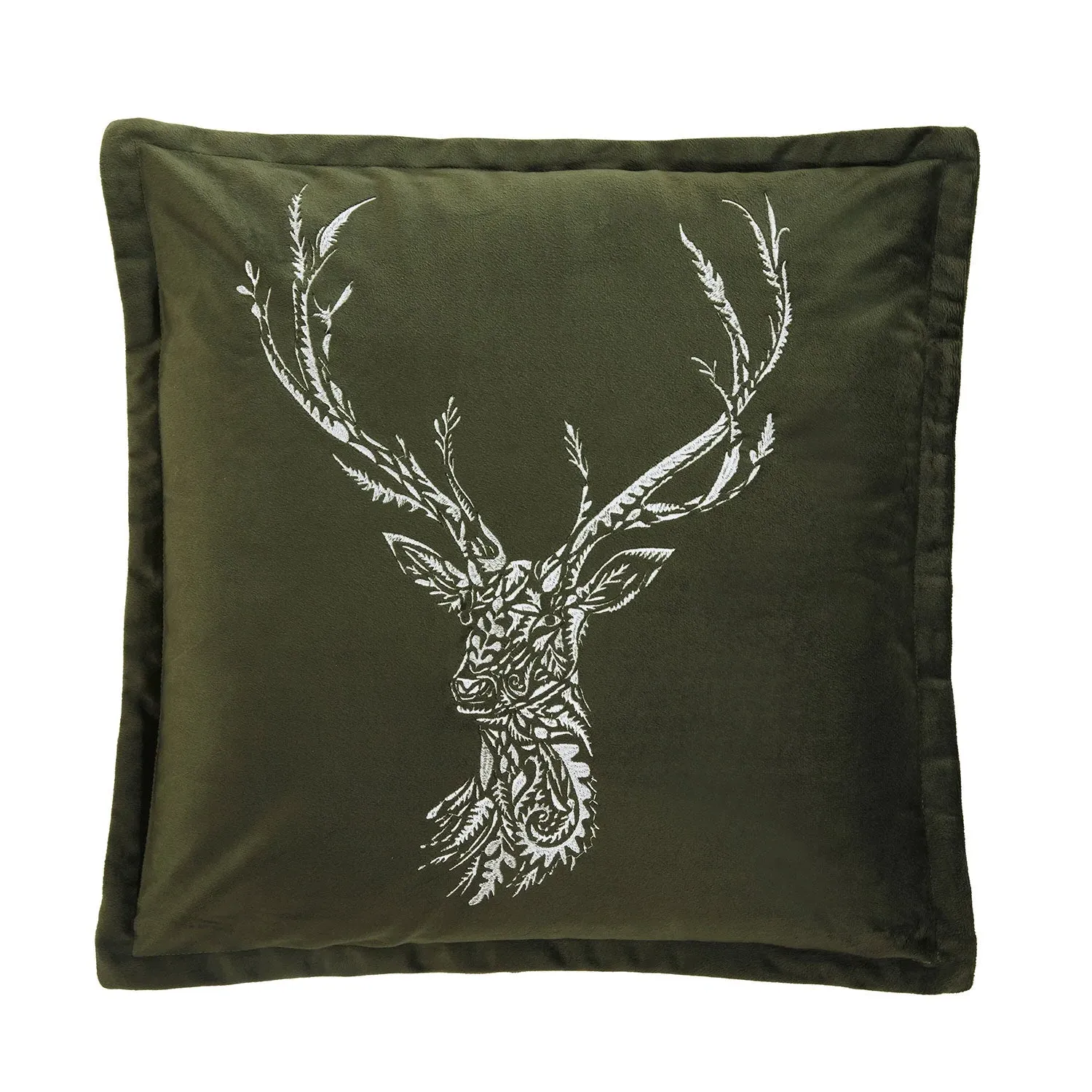 Nordic Stag Embroidered Cushion with Oxford Edge - Olive Green by Julian Charles