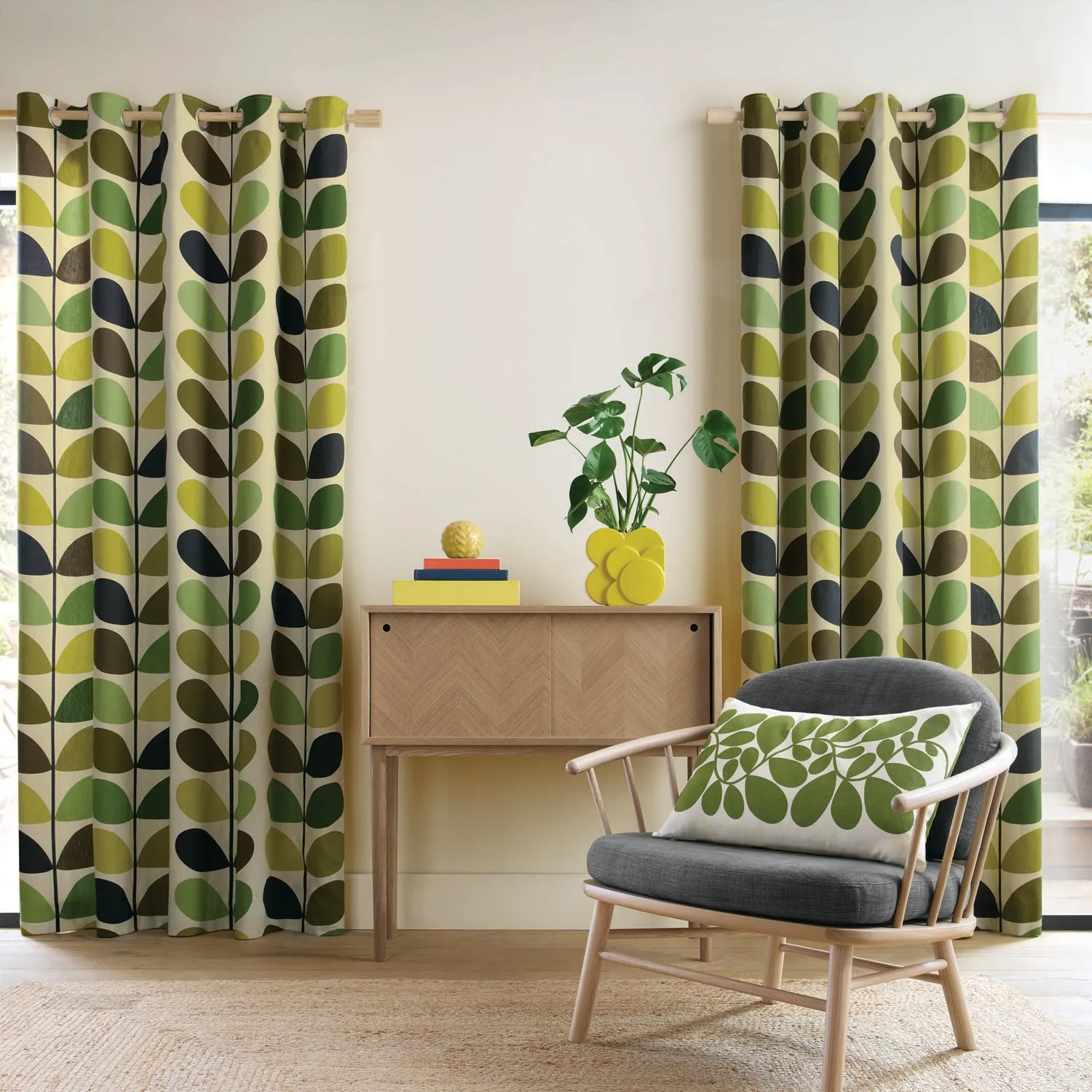 Orla Kiely Multi Stem Fern-Ochre Eyelet Curtains - Green, Cotton by Julian Charles