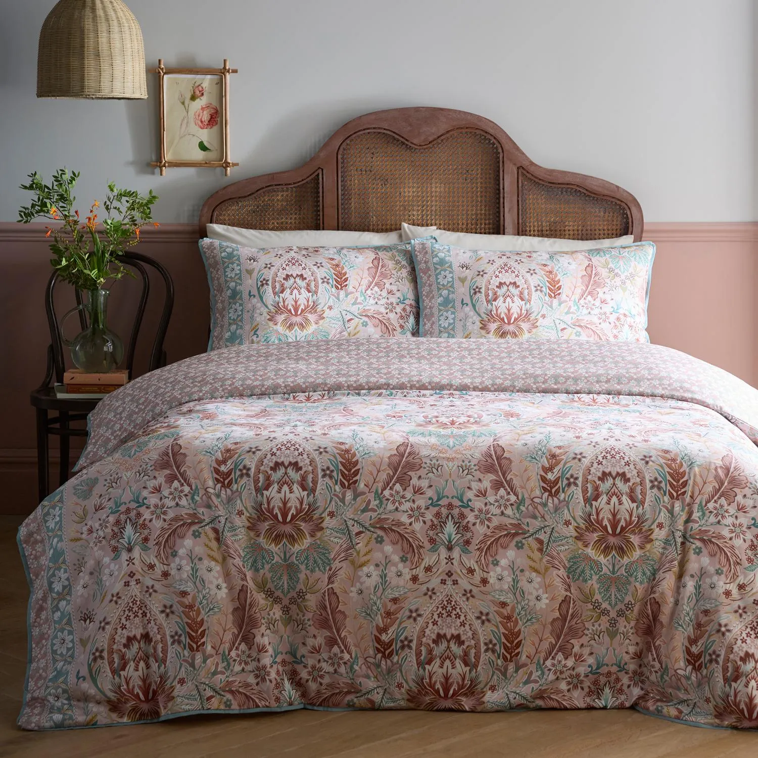 Ornamental Floral Damask Double Duvet Set - Pink, Cotton alternate view