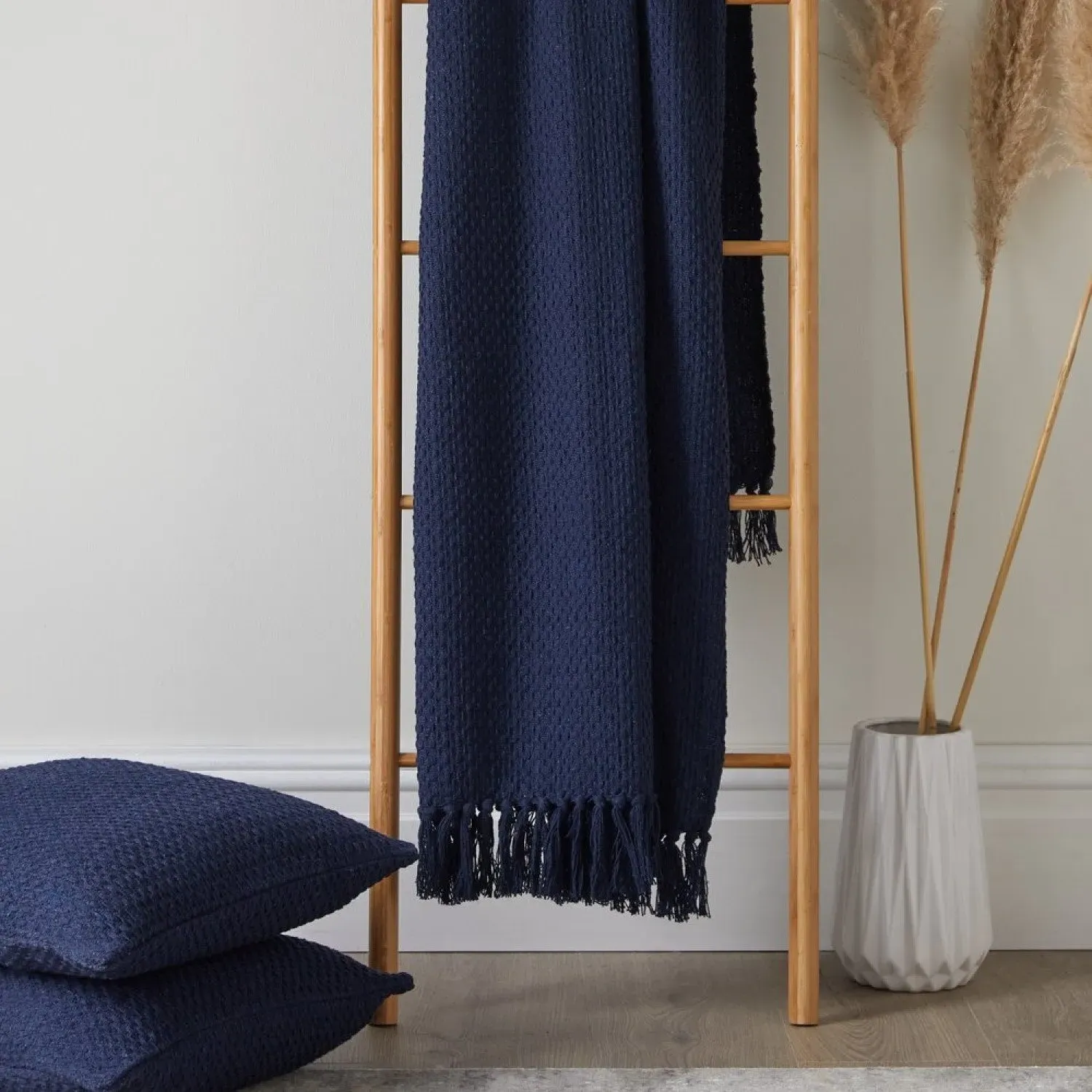 Oversized Cotton Throw with Textured Weave - Navy