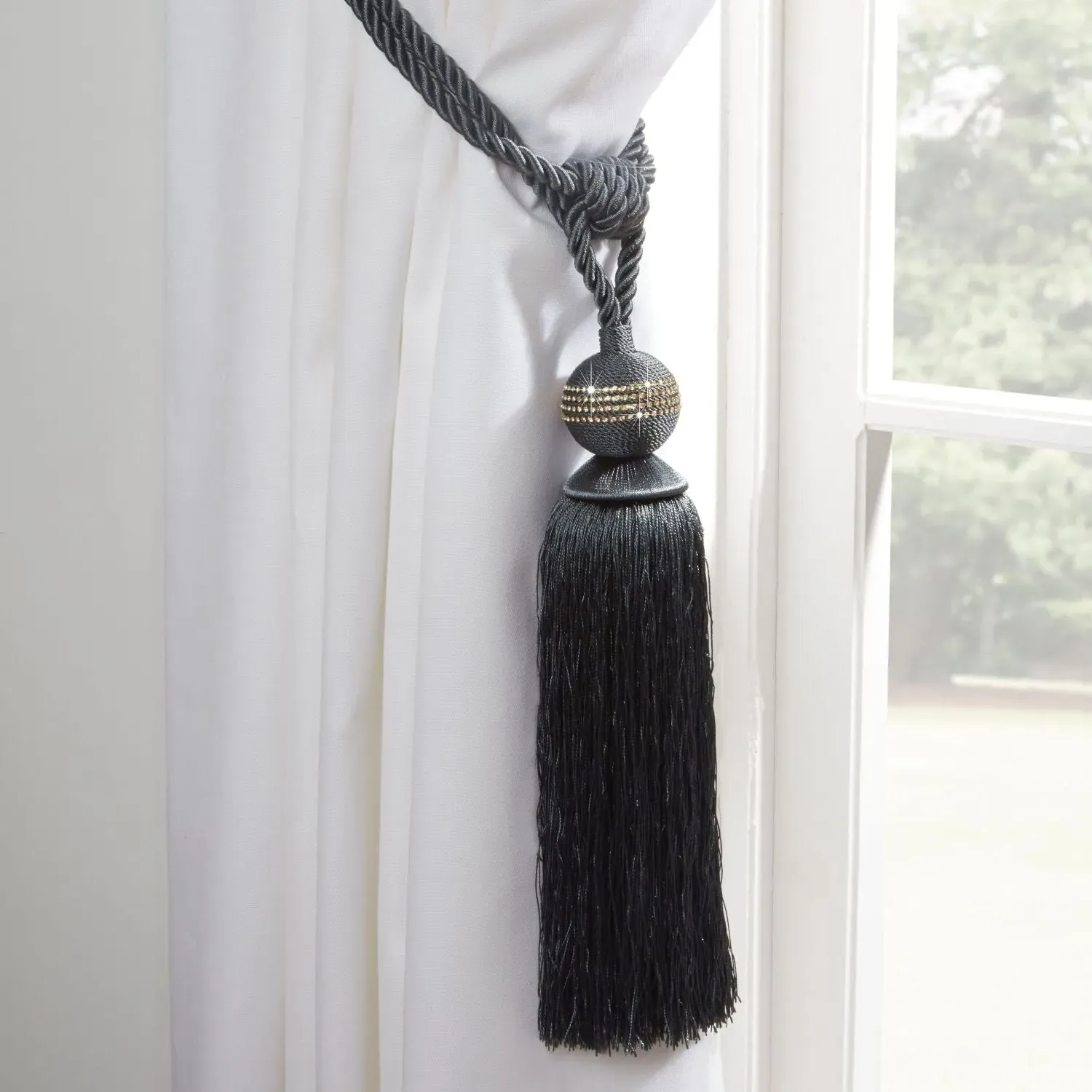 Pair Curtain Tiebacks with Tassels - Grey, Rope