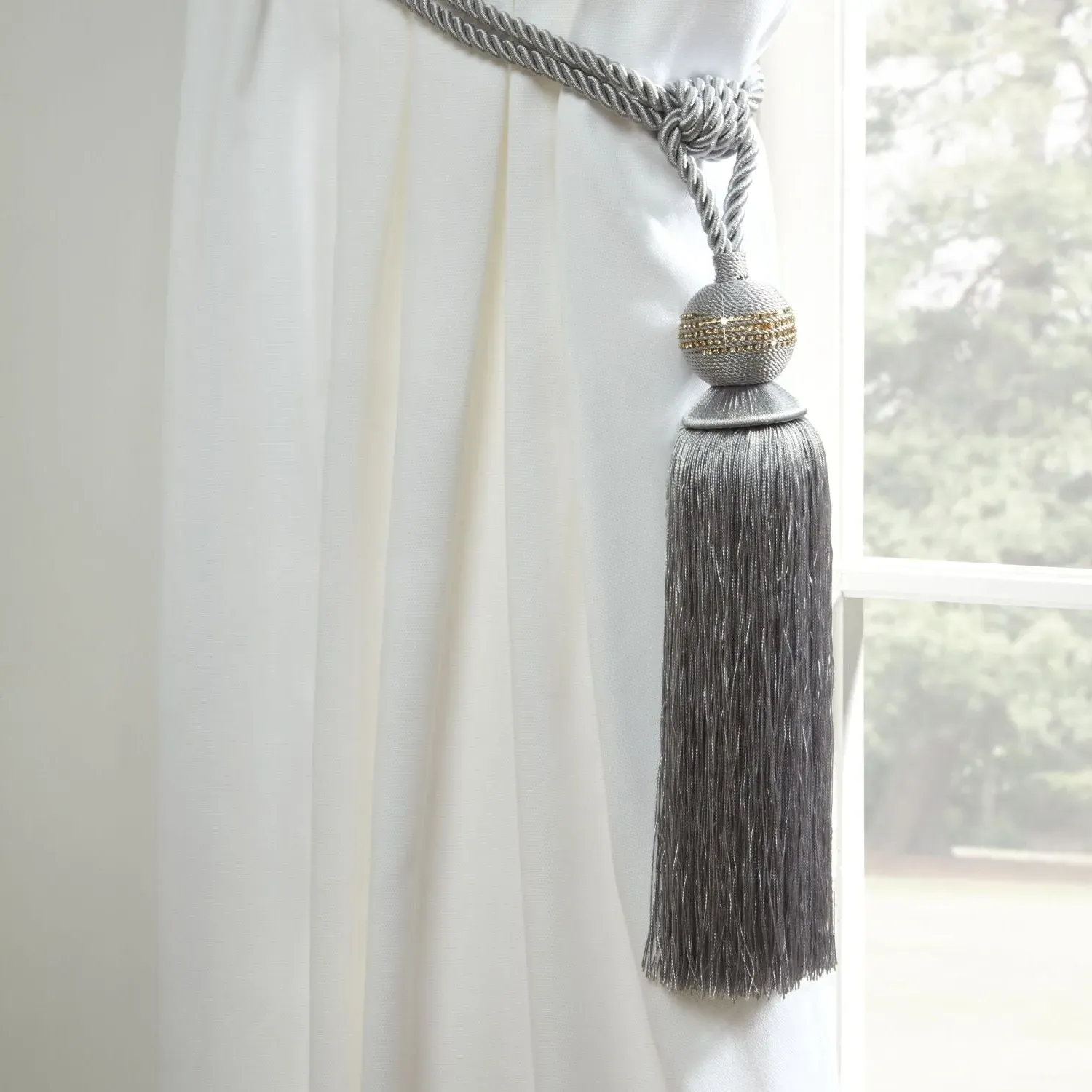 Pair Curtain Tiebacks with Tassels - Silver, Rope