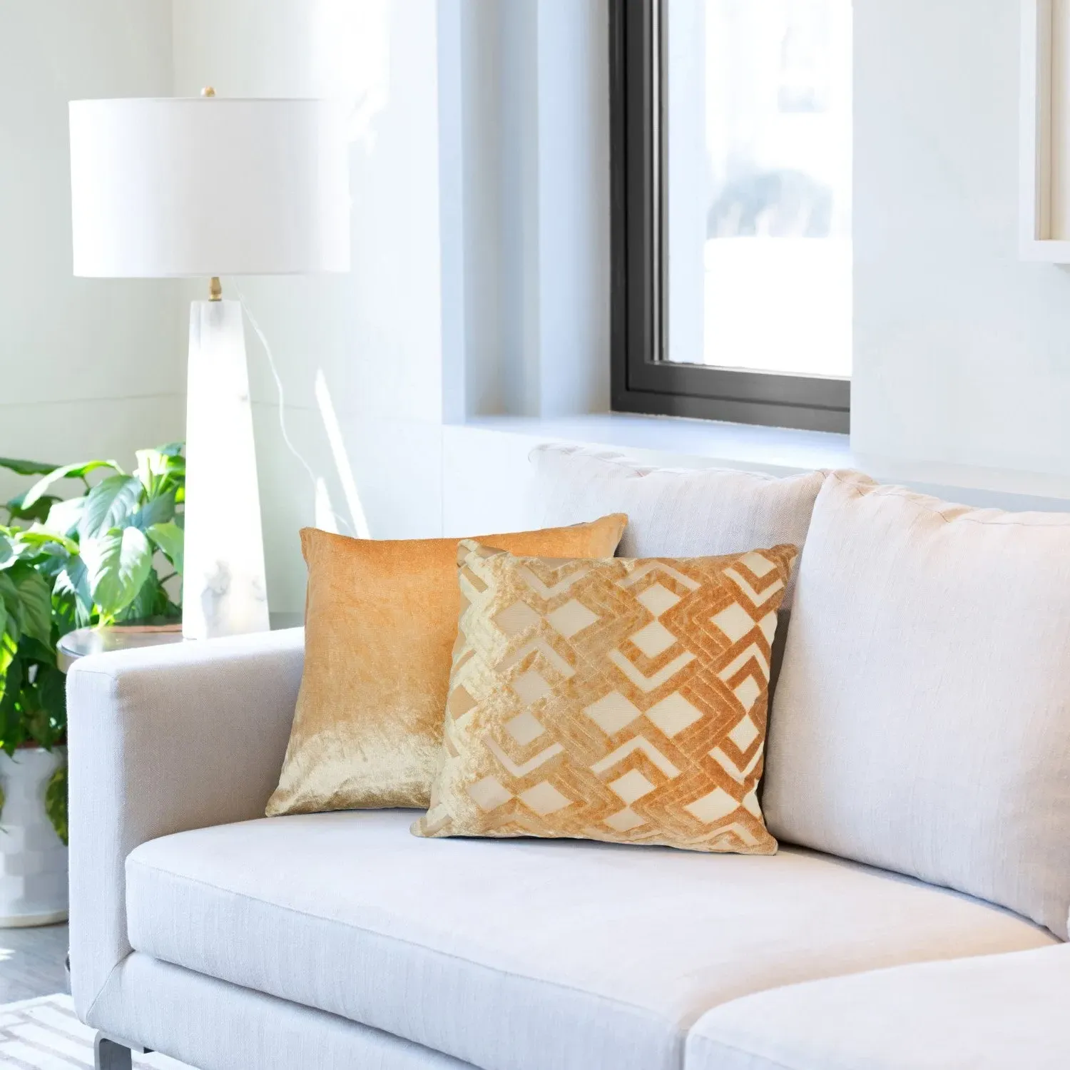 Pair Cushion Covers Art Deco - Ochre, Velvet