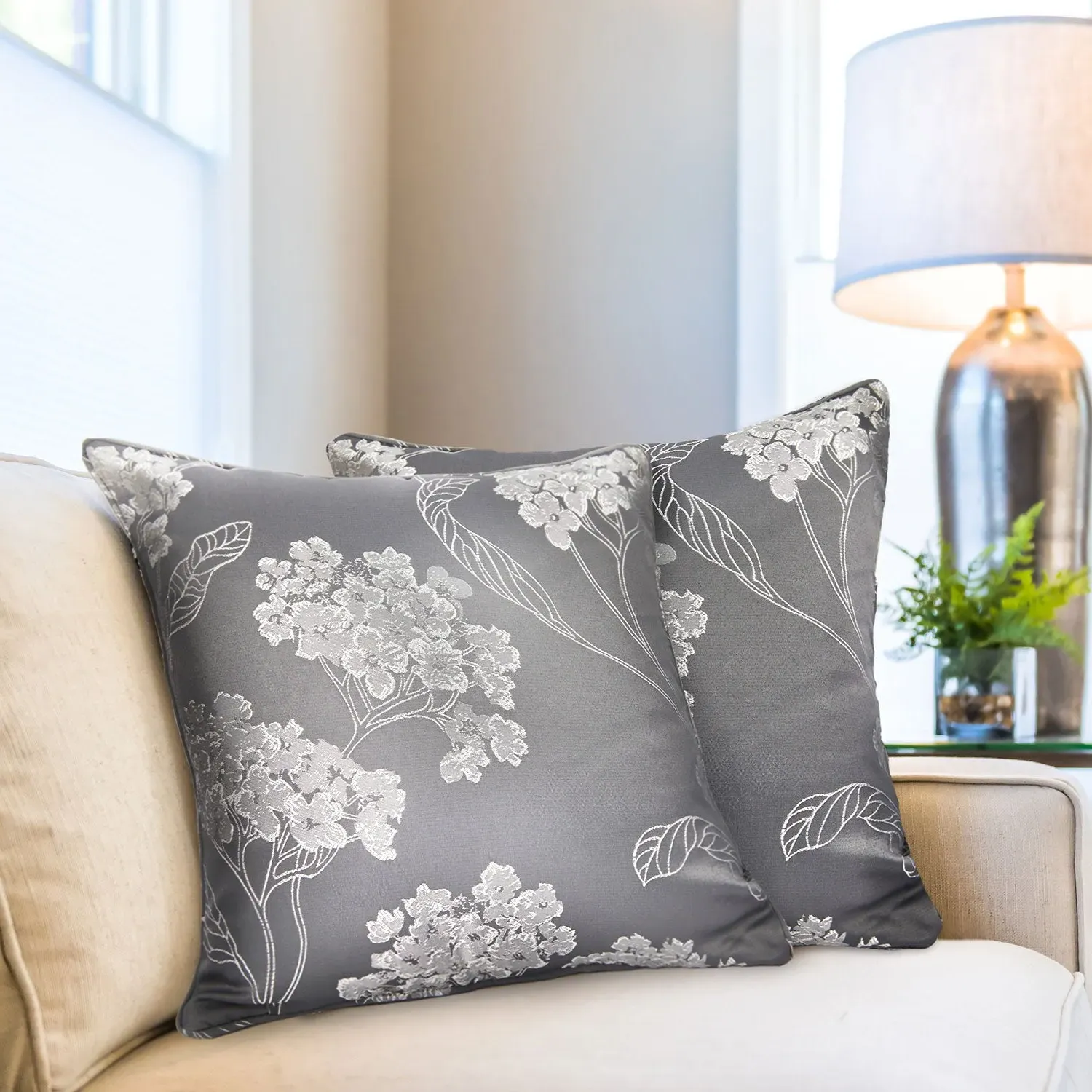 Pair Cushion Covers Blossom - Silver, Jacquard