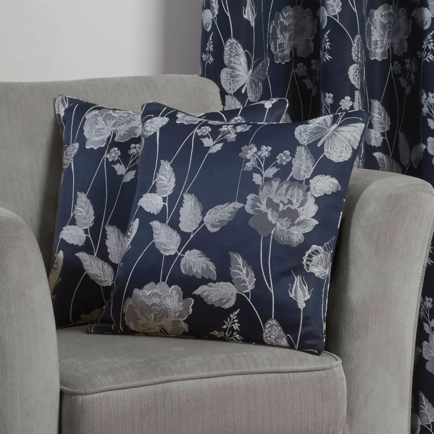 Pair Cushion Covers Butterfly - Navy, Jacquard