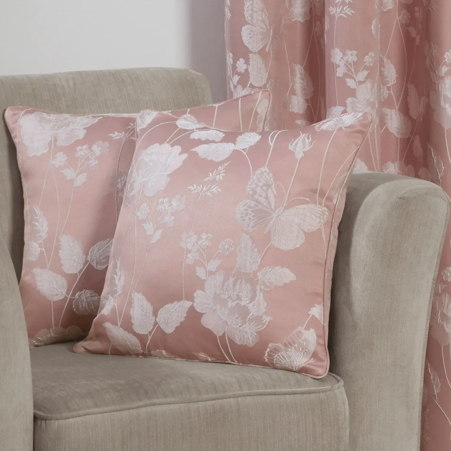 Pair Cushion Covers Butterfly - Pink, Jacquard