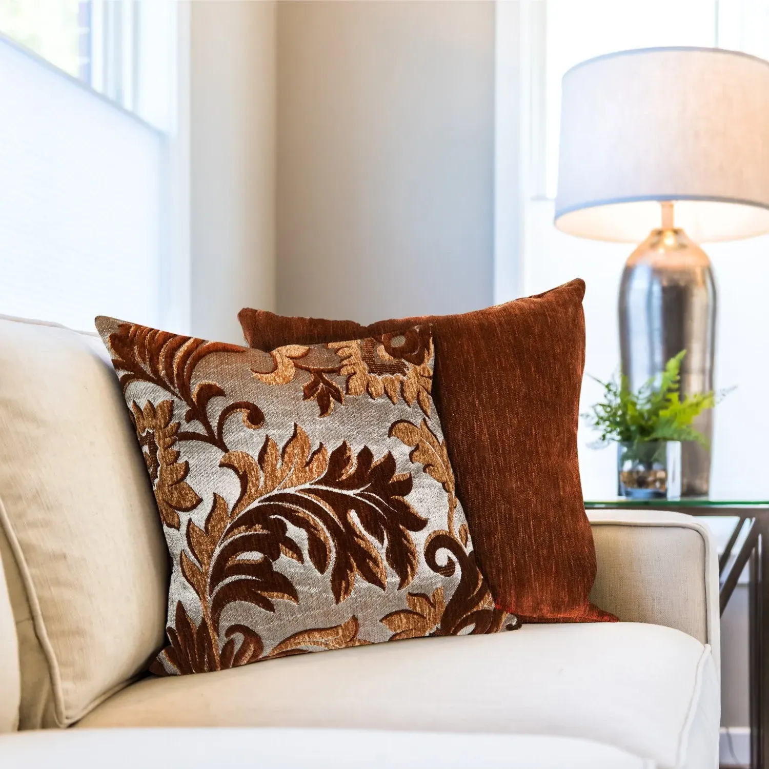 Pair Cushion Covers Damask - Brown, Chenille