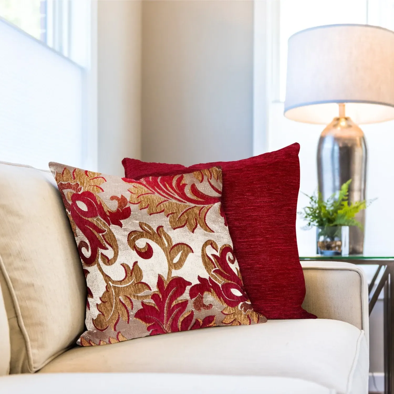 Pair Cushion Covers Damask - Red, Chenille