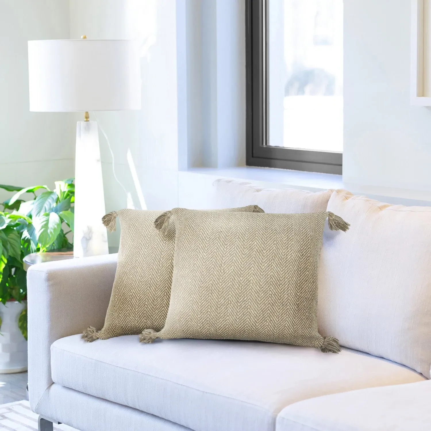 Pair Cushion Covers Herringbone - Cream, Cotton