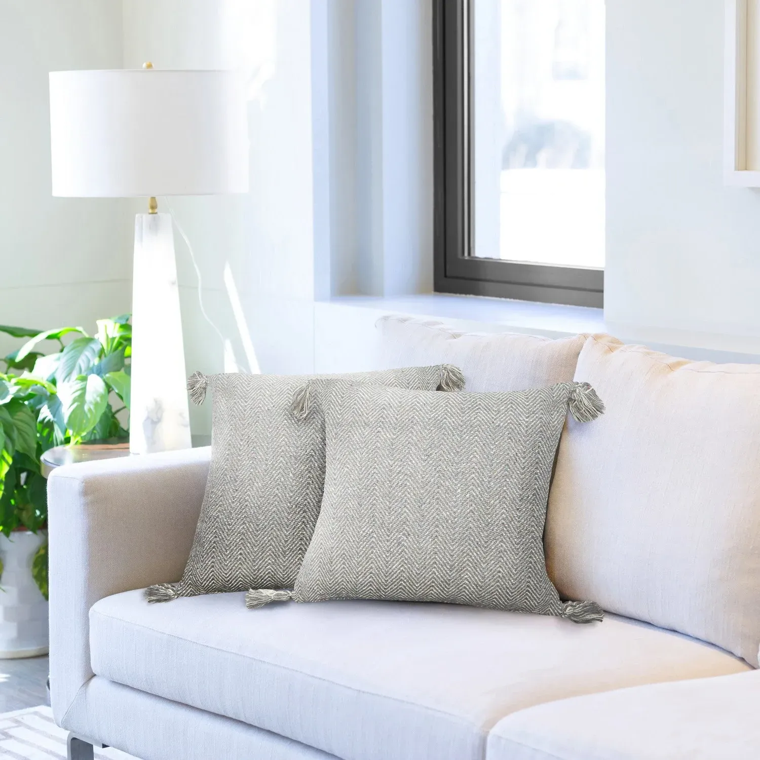 Pair Cushion Covers Herringbone - Grey, Cotton