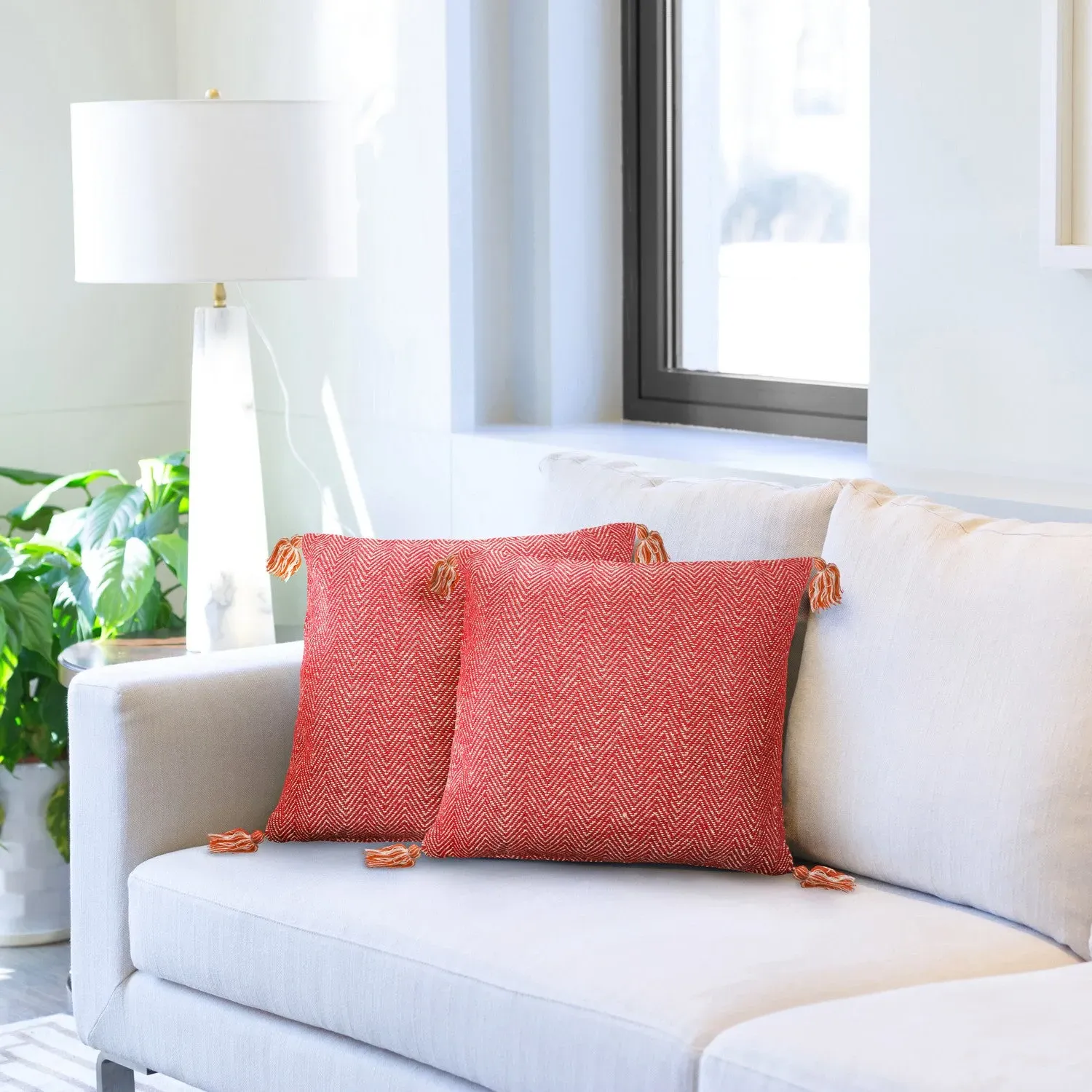 Pair Cushion Covers Herringbone - Red, Cotton