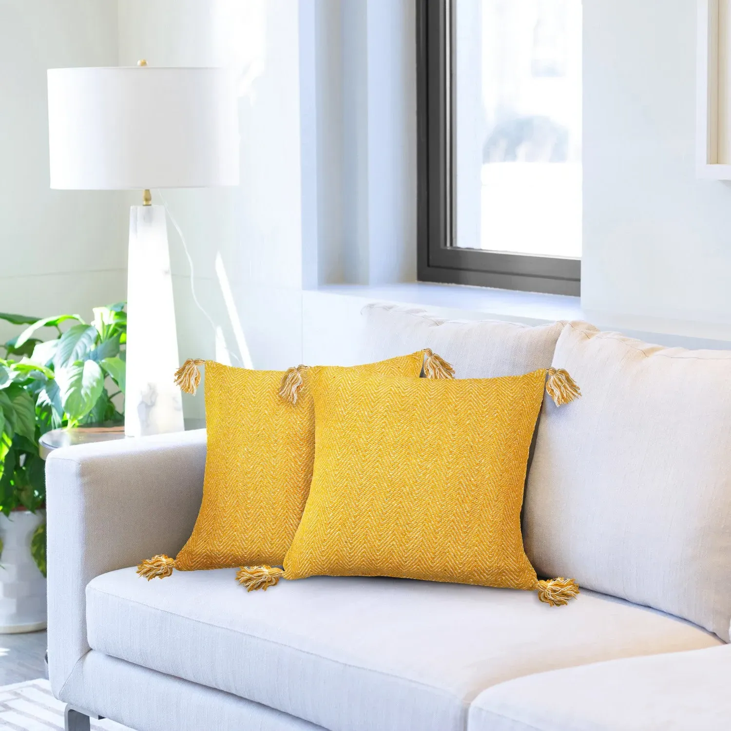 Pair Cushion Covers Herringbone - Yellow, Cotton