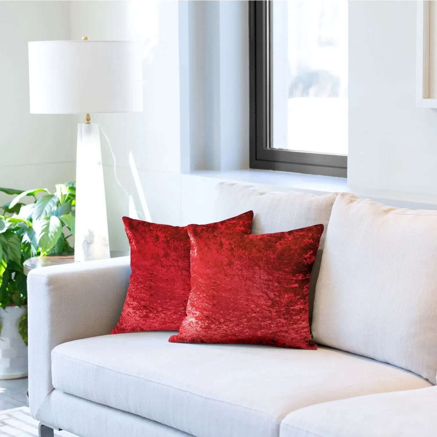 Pair Cushion Covers - Red, Crushed Velvet
