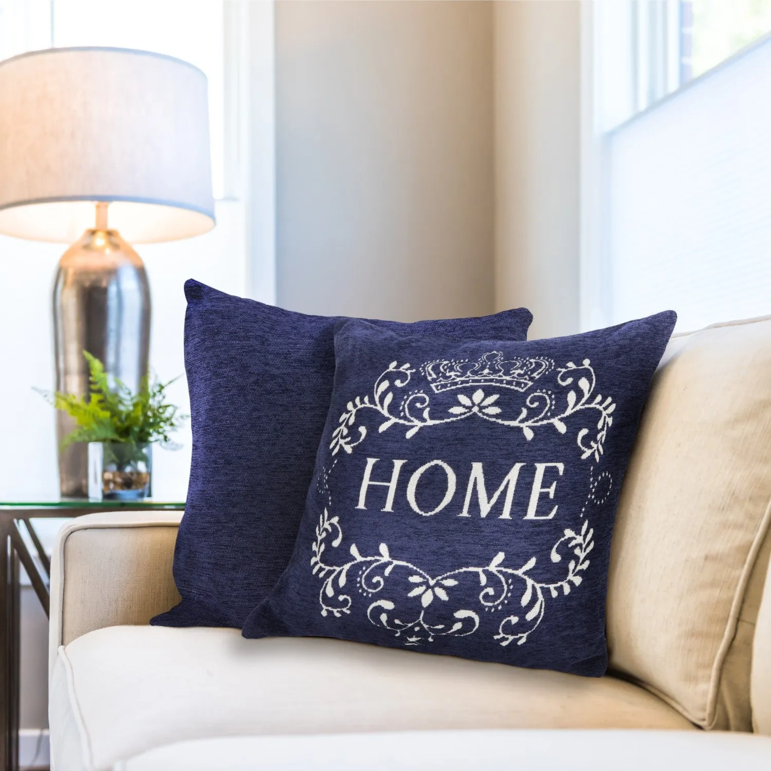 Pair Cushion Covers Reversible - Blue, Chenille image