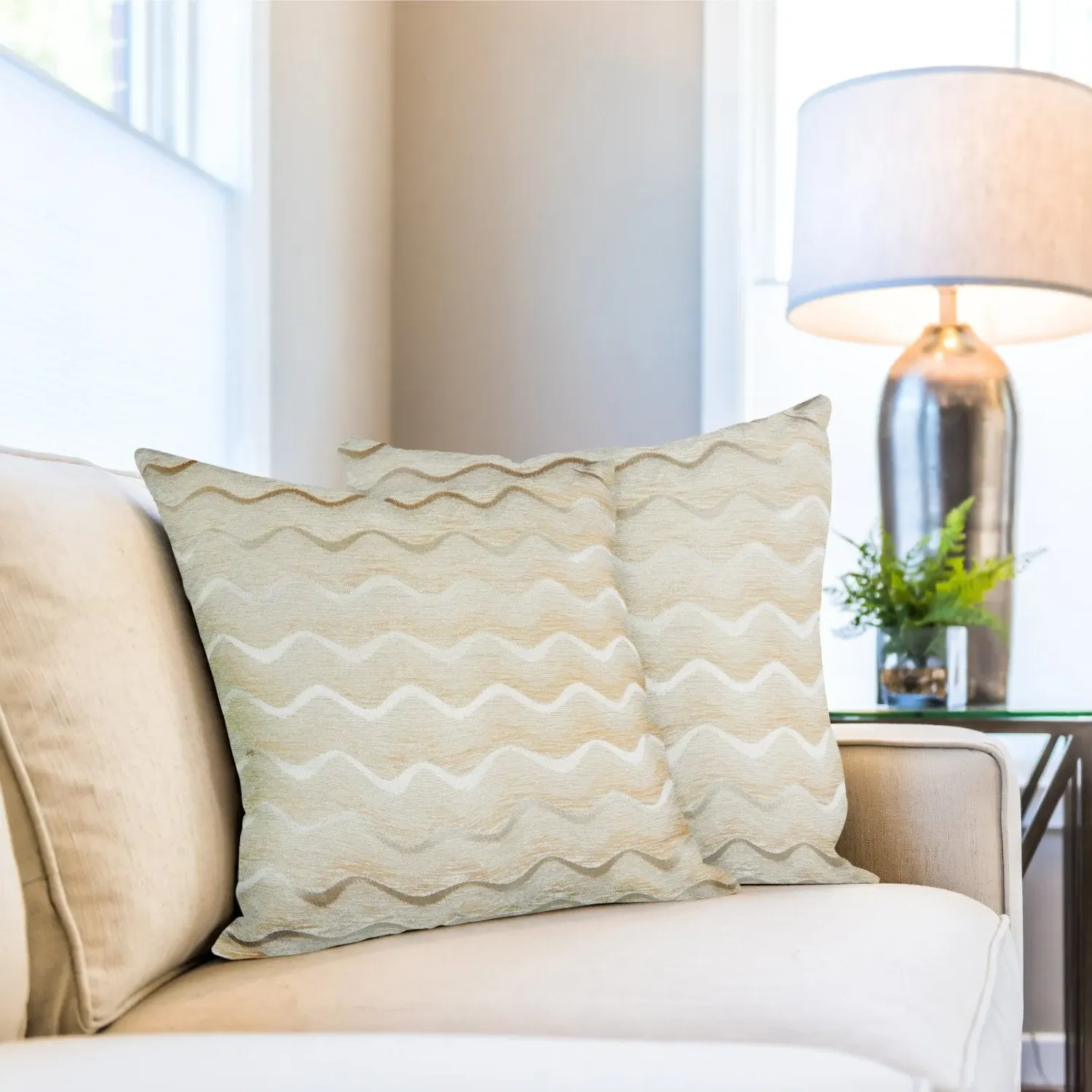 Pair Cushion Covers Wave Design - Cream, Chenille image