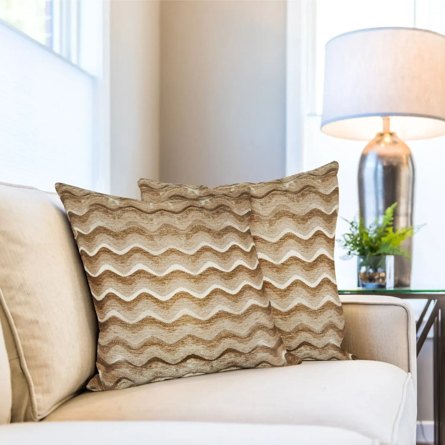 Pair Cushion Covers Wave Design - Gold, Chenille