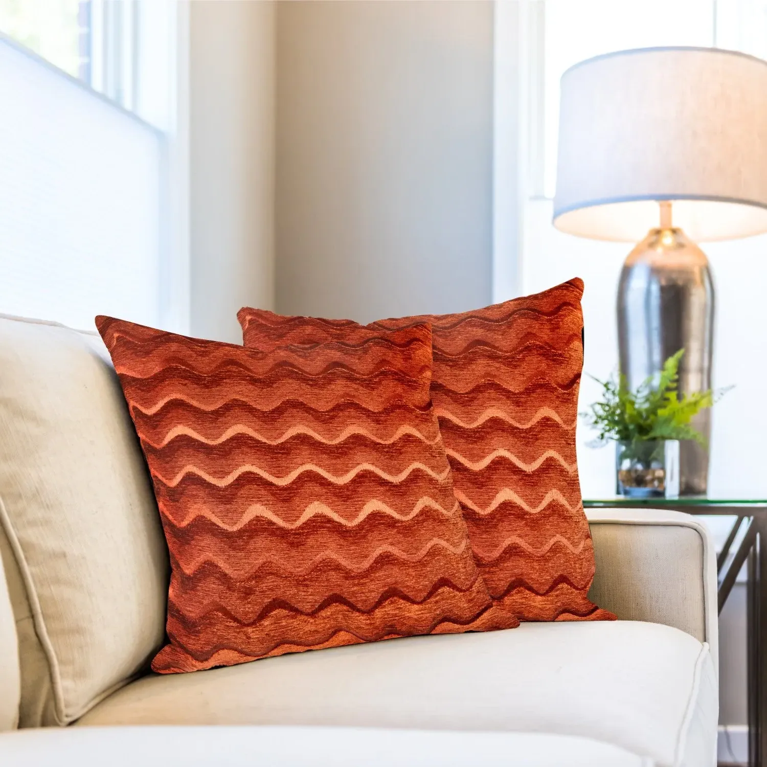 Pair Cushion Covers Wave Design - Orange, Chenille