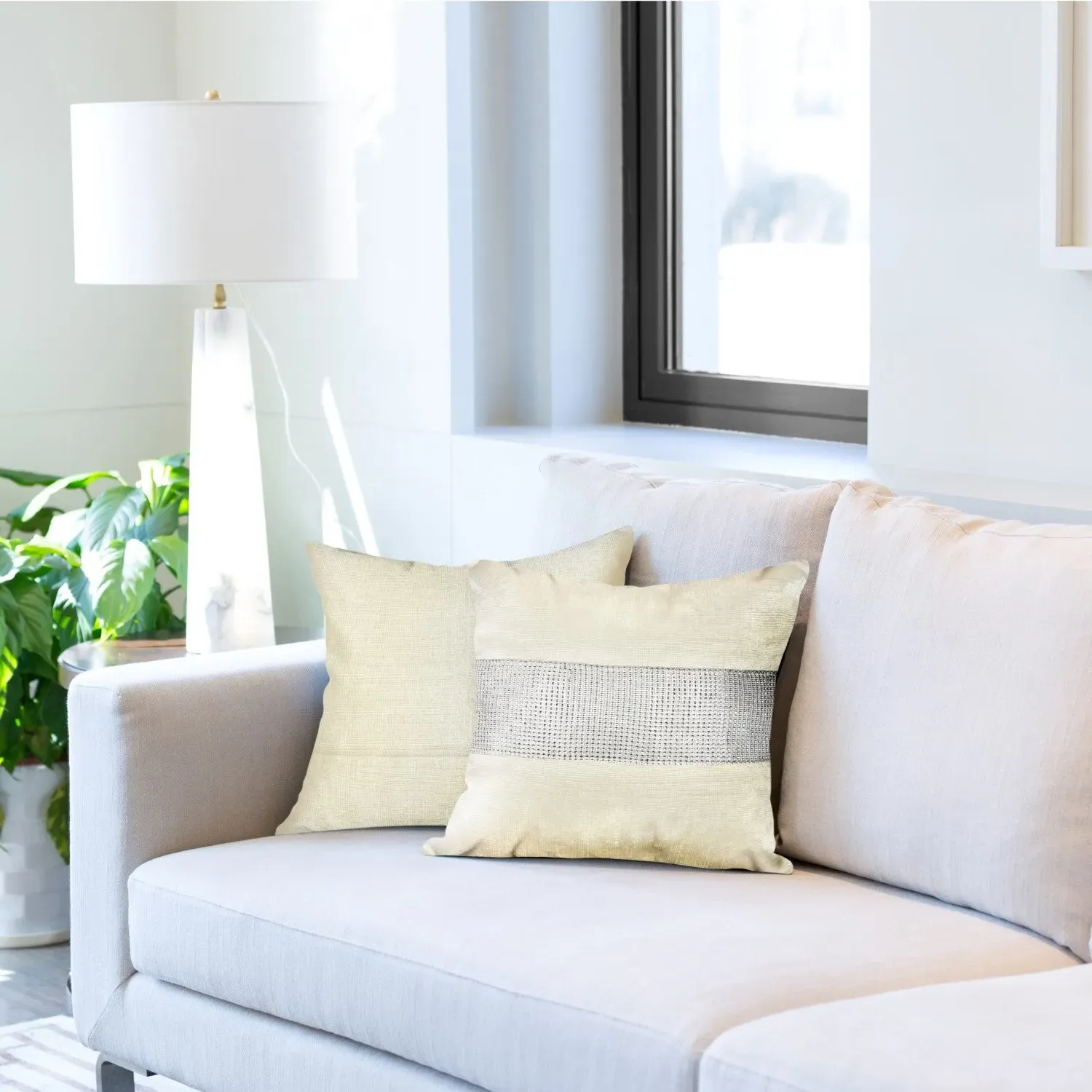 Pair Cushion Covers with Diamante Panel - Cream, Velvet