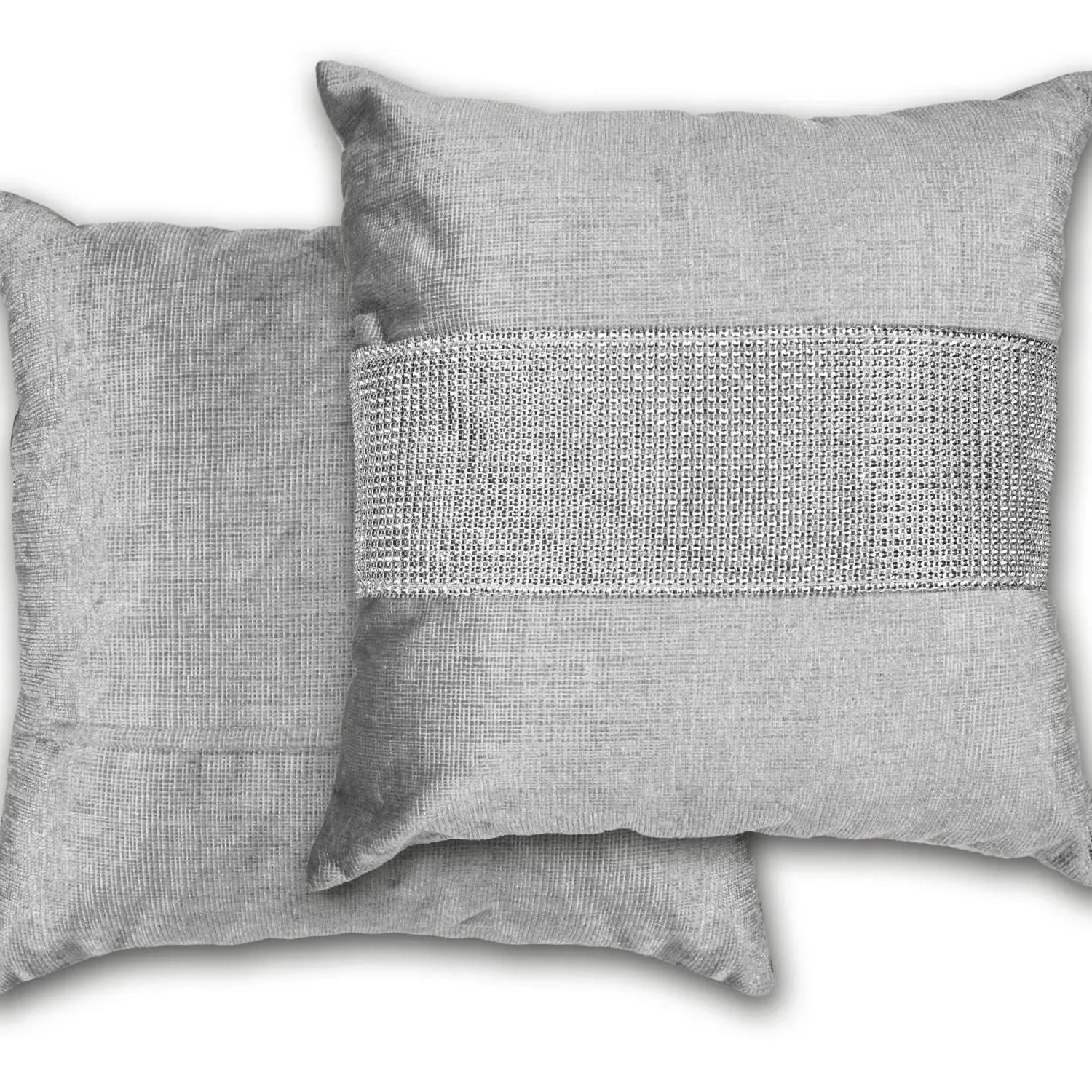 Pair Cushion Covers with Diamante Panel - Grey, Velvet