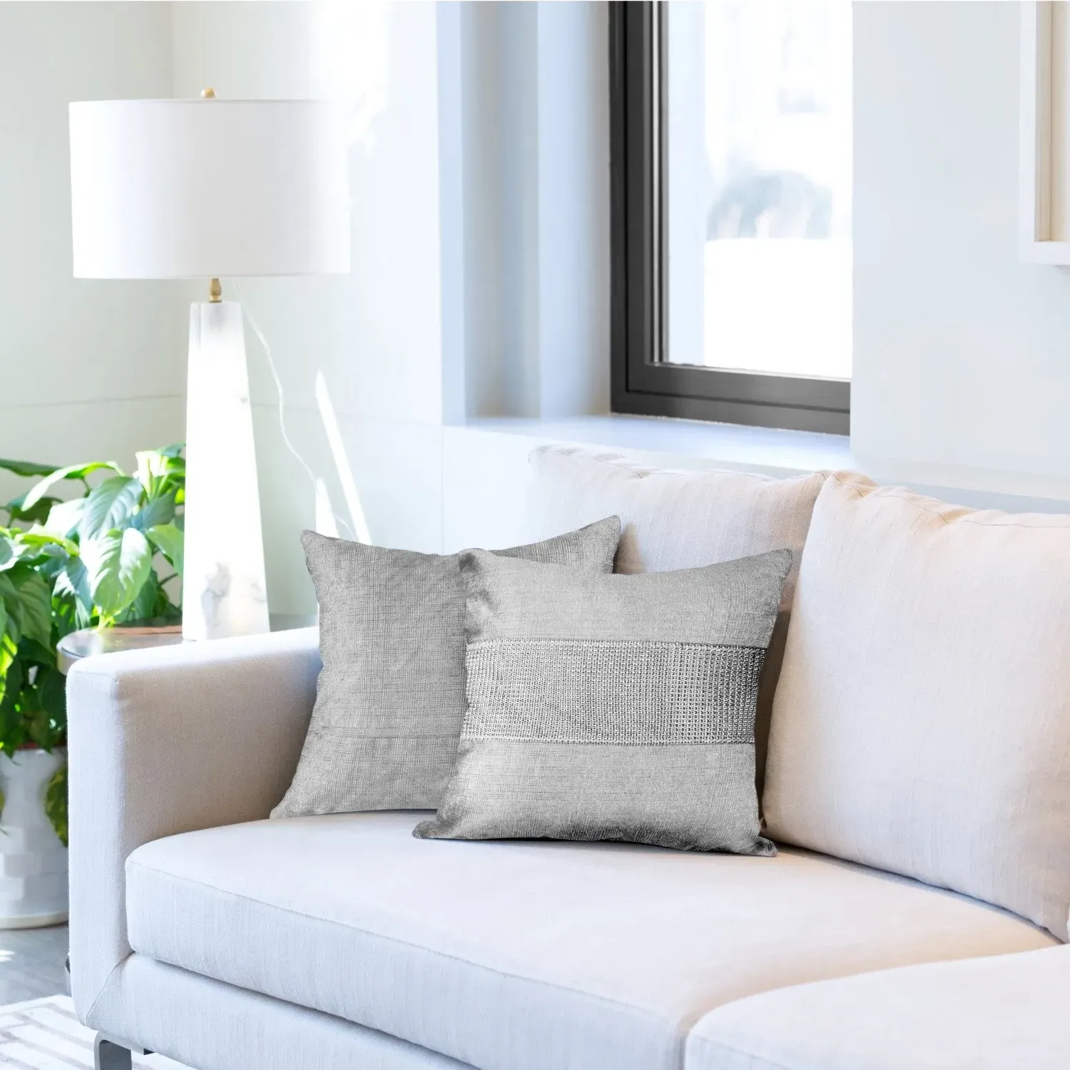 Pair Cushion Covers with Diamante Panel - Grey, Velvet