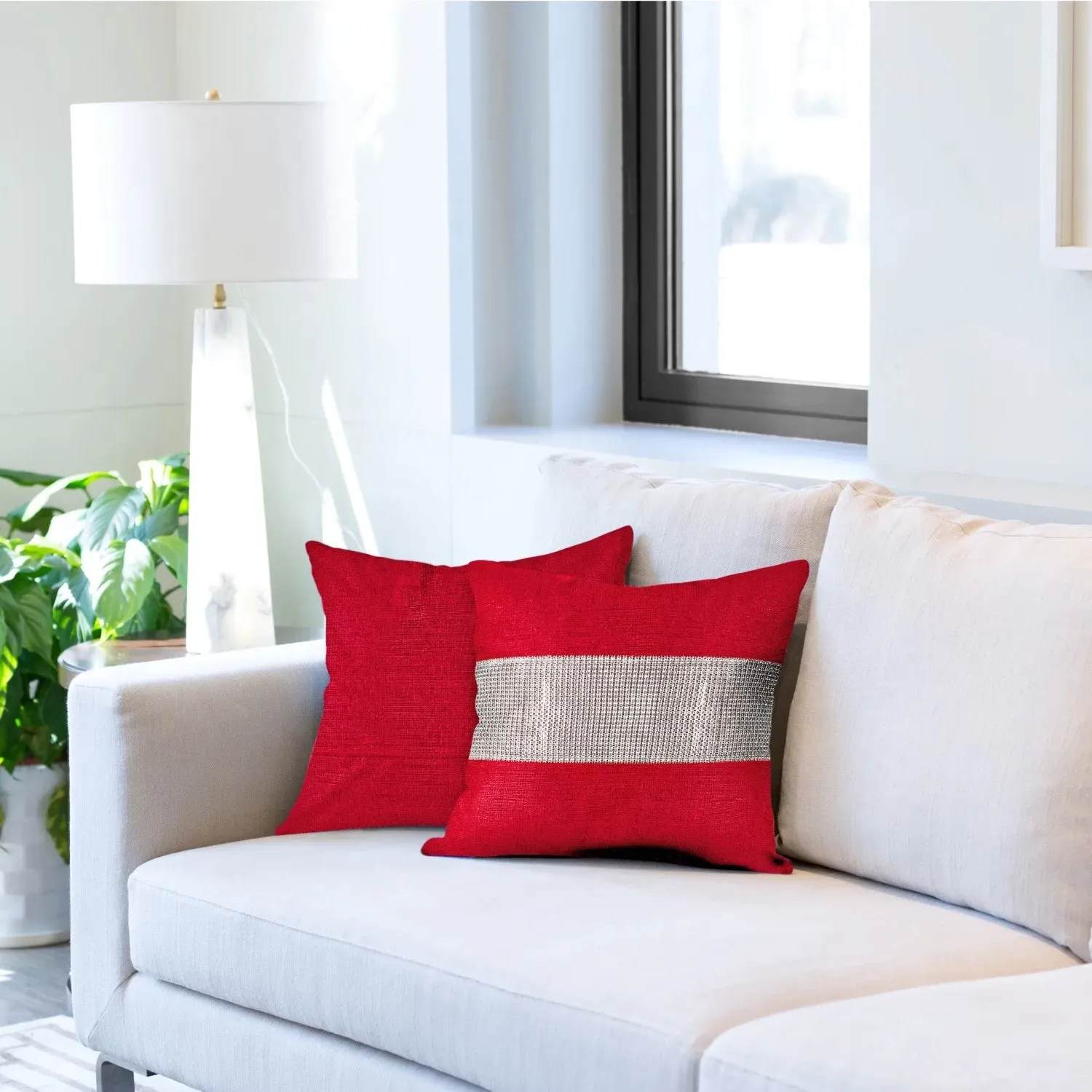 Pair Cushion Covers with Diamante Panel - Red, Velvet