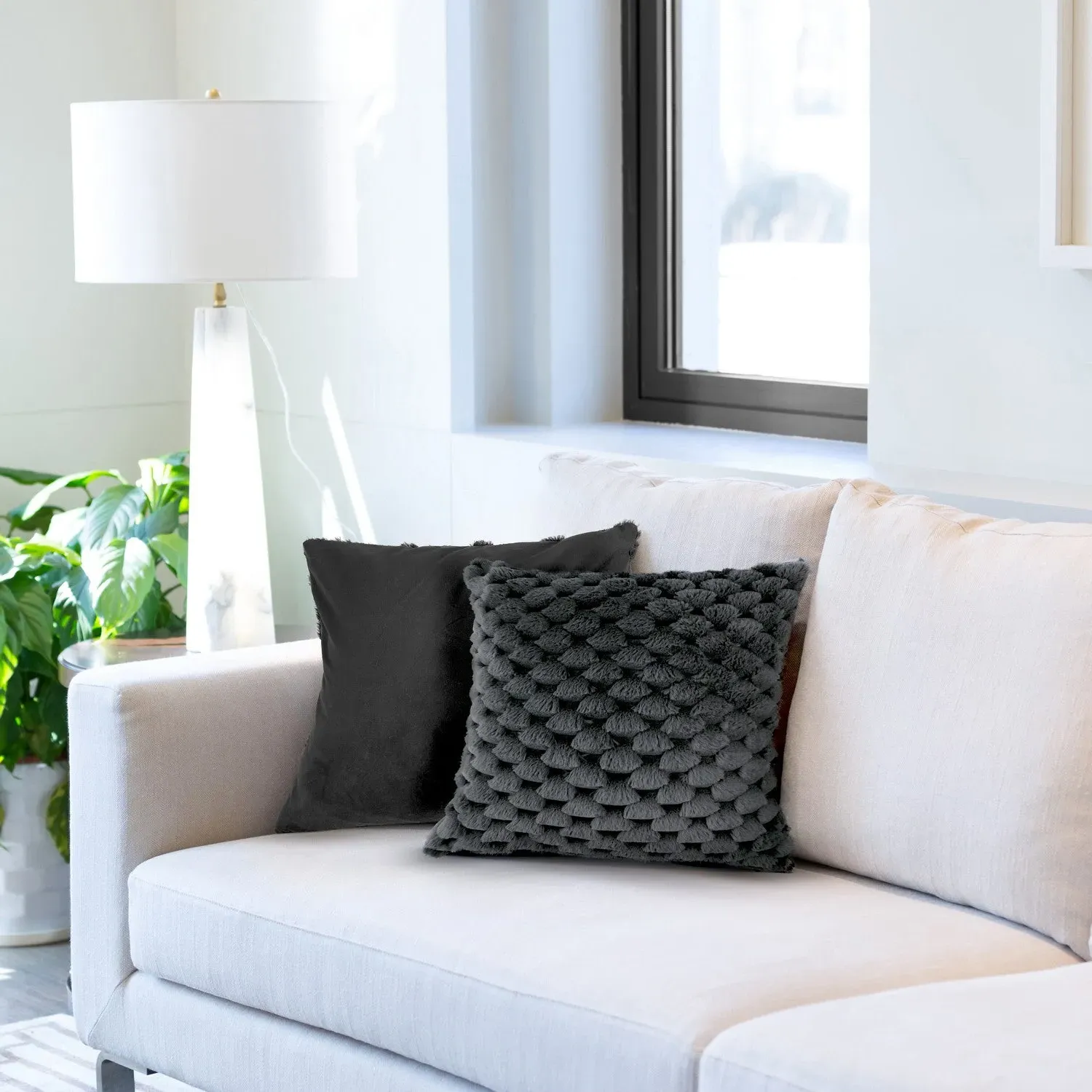 Pair Cushion Covers with Faux Fur - Black, Fabric image