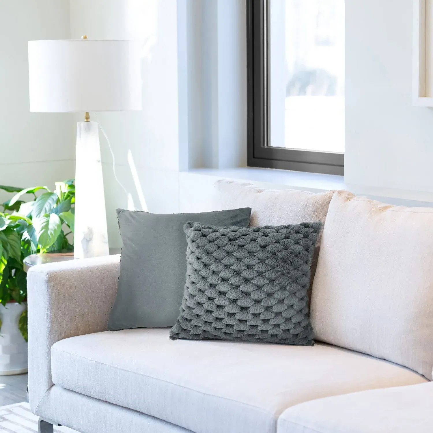 Pair Cushion Covers with Faux Fur - Grey, Fabric