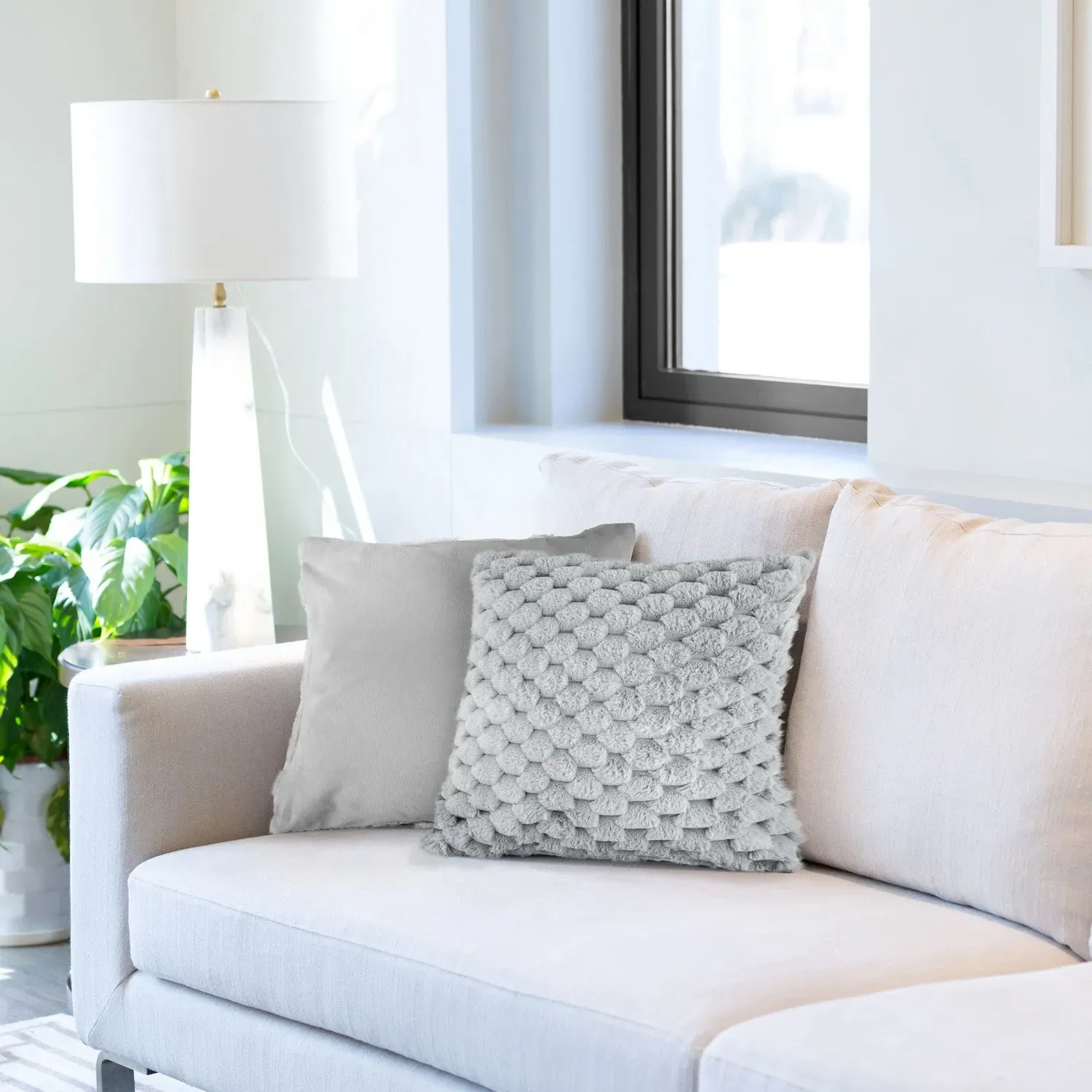 Pair Cushion Covers with Faux Fur - Silver, Fabric