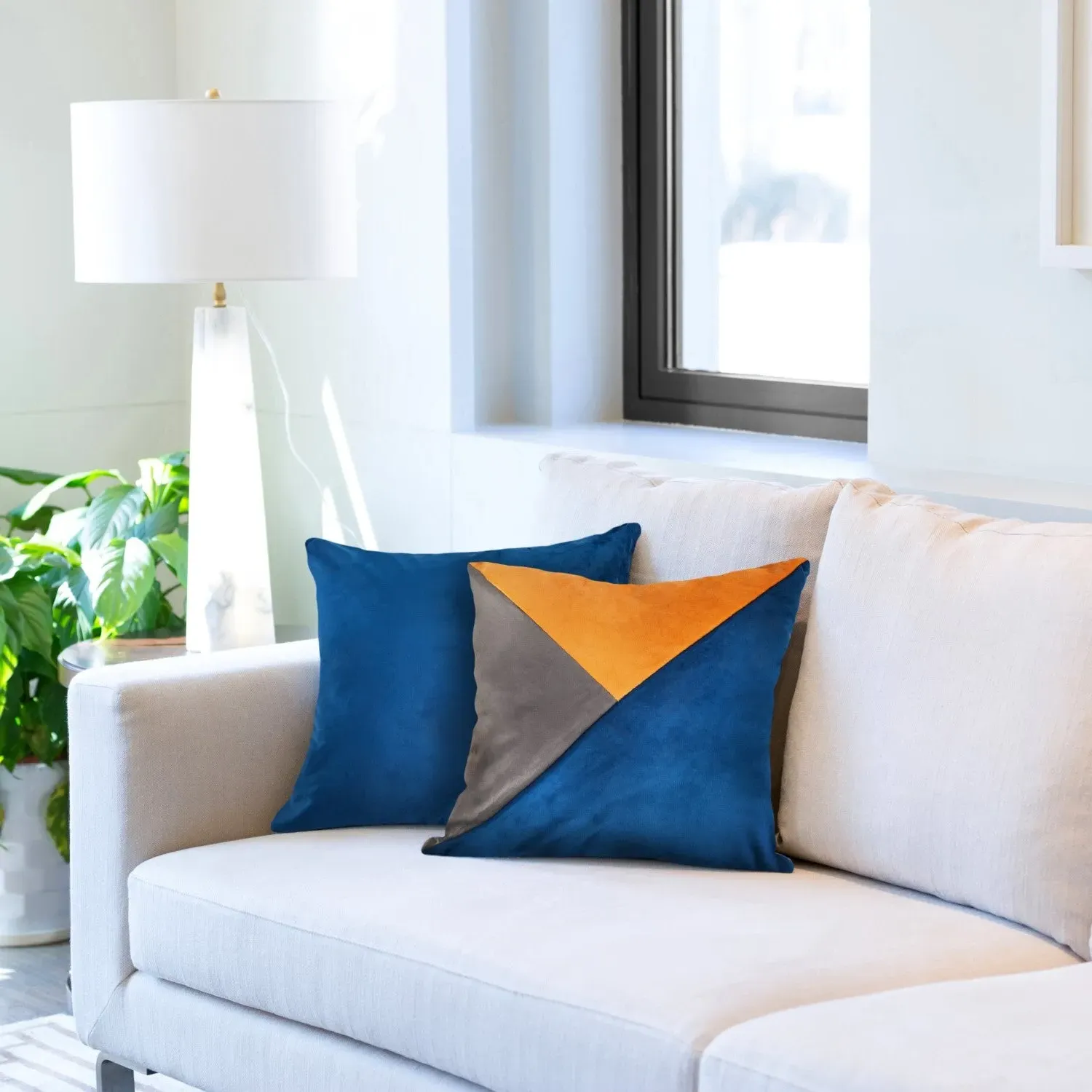 Pair Geometric Cushion Covers - Blue, Velvet image