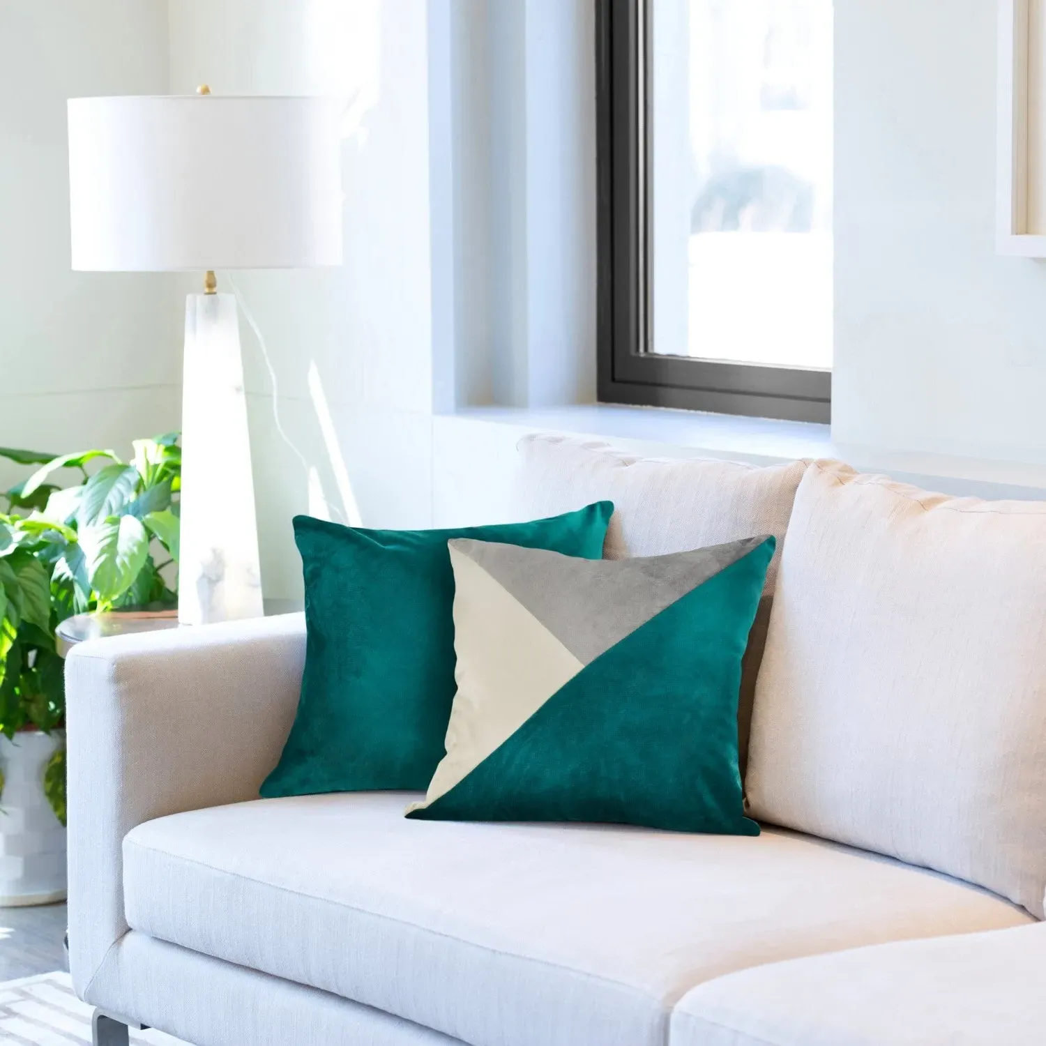 Pair Geometric Cushion Covers - Green, Velvet