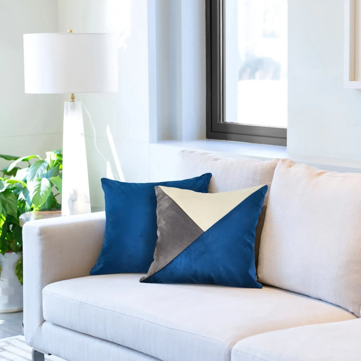 Pair Geometric Cushion Covers - Navy, Velvet