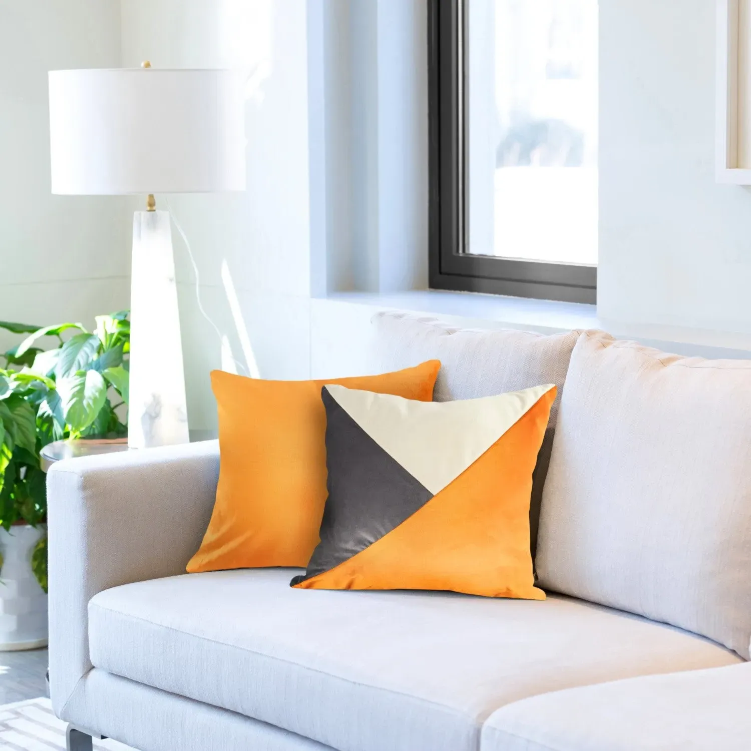 Pair Geometric Cushion Covers - Yellow, Velvet