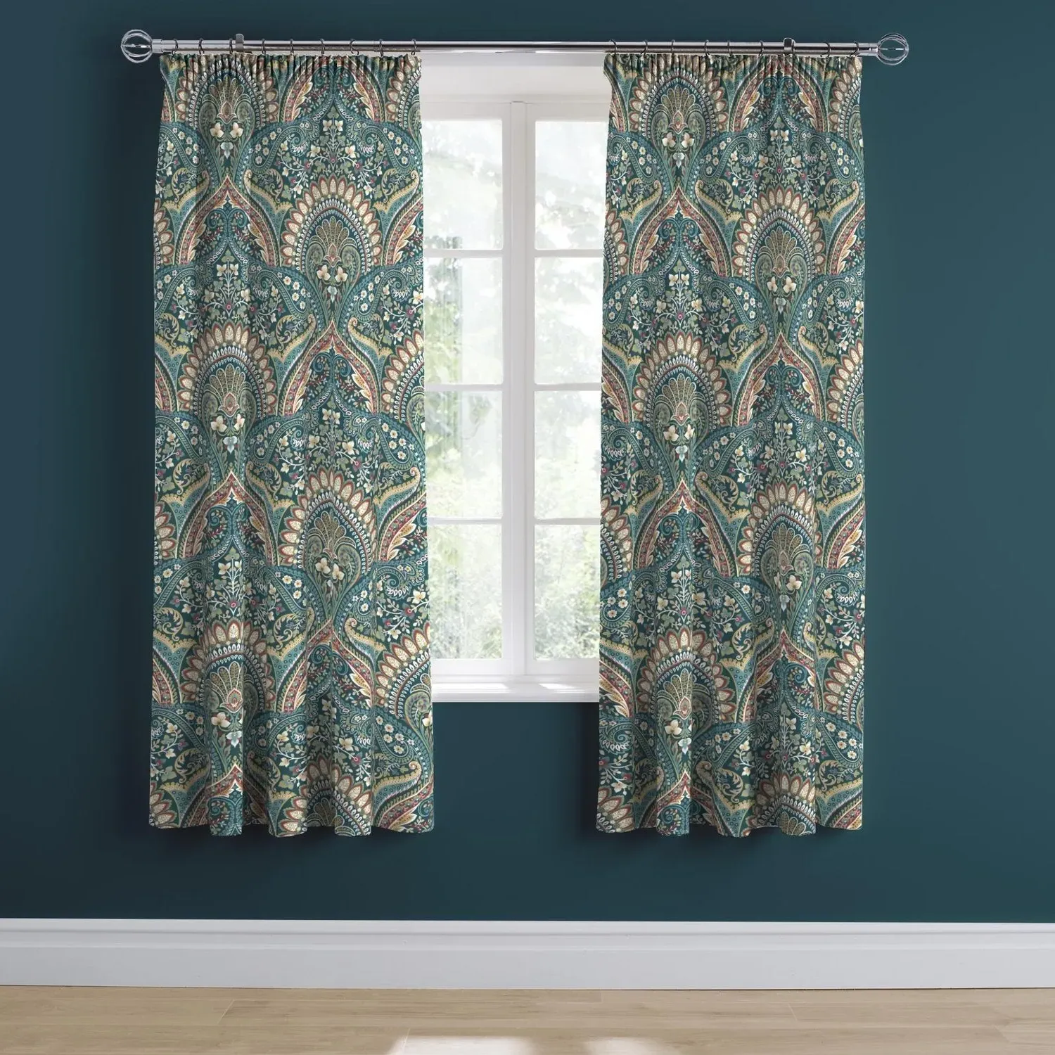 Pencil Pleat Curtains Lined - Teal, Damask
