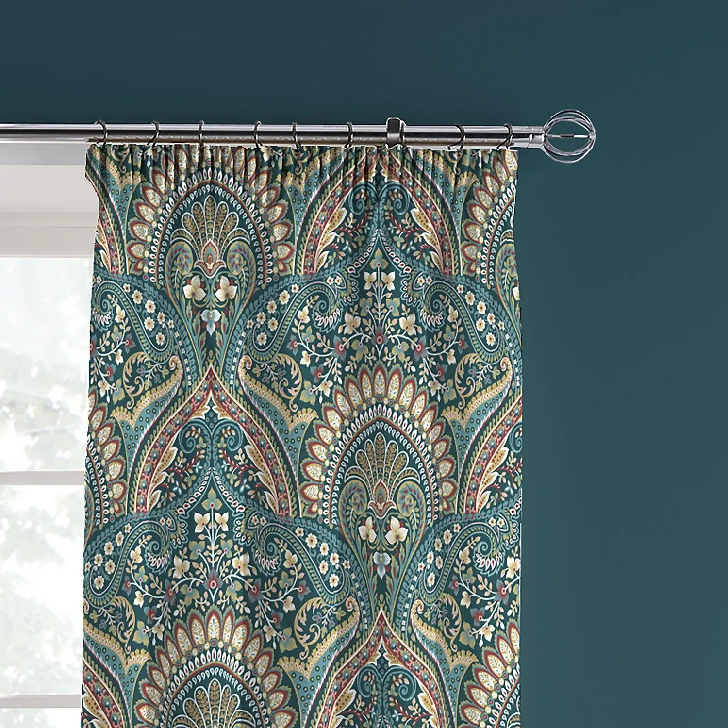 Pencil Pleat Curtains Lined - Teal, Damask image