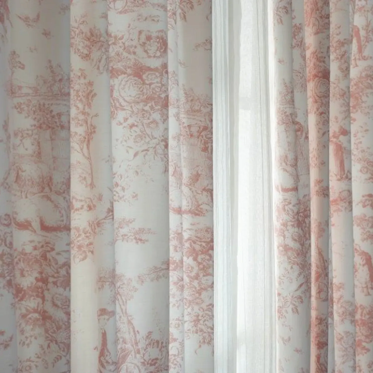 Pencil Pleat Curtains Toile Print - Pink, Cotton