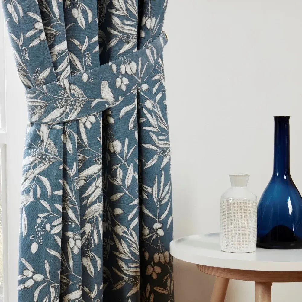 Pencil Pleat Curtains with Bird Print - Blue