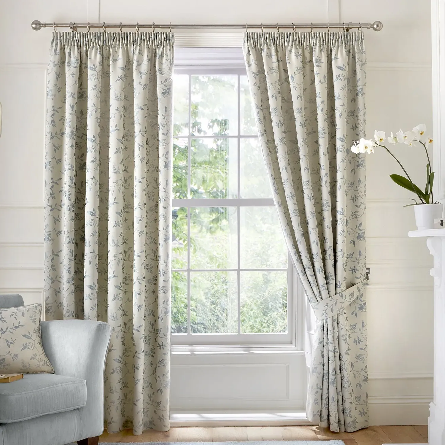 Pencil Pleat Curtains with Bird Trail - Blue, Jacquard