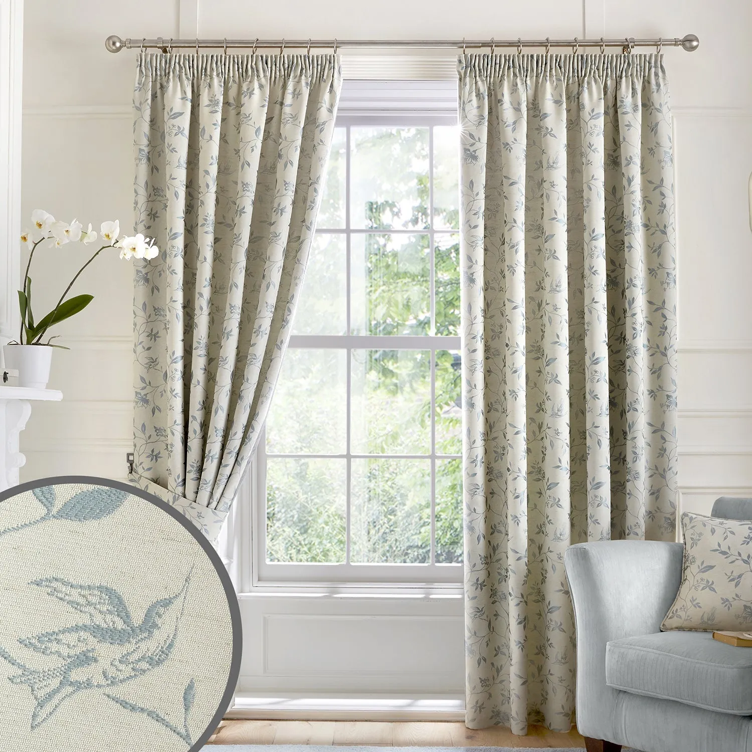 Pencil Pleat Curtains with Bird Trail - Blue, Jacquard image