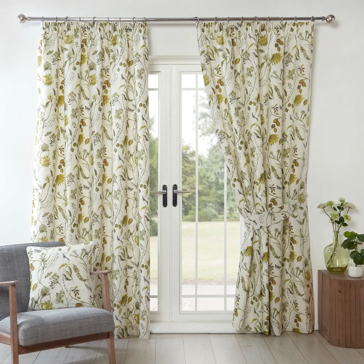 Pencil Pleat Curtains with Floral Trail - Green