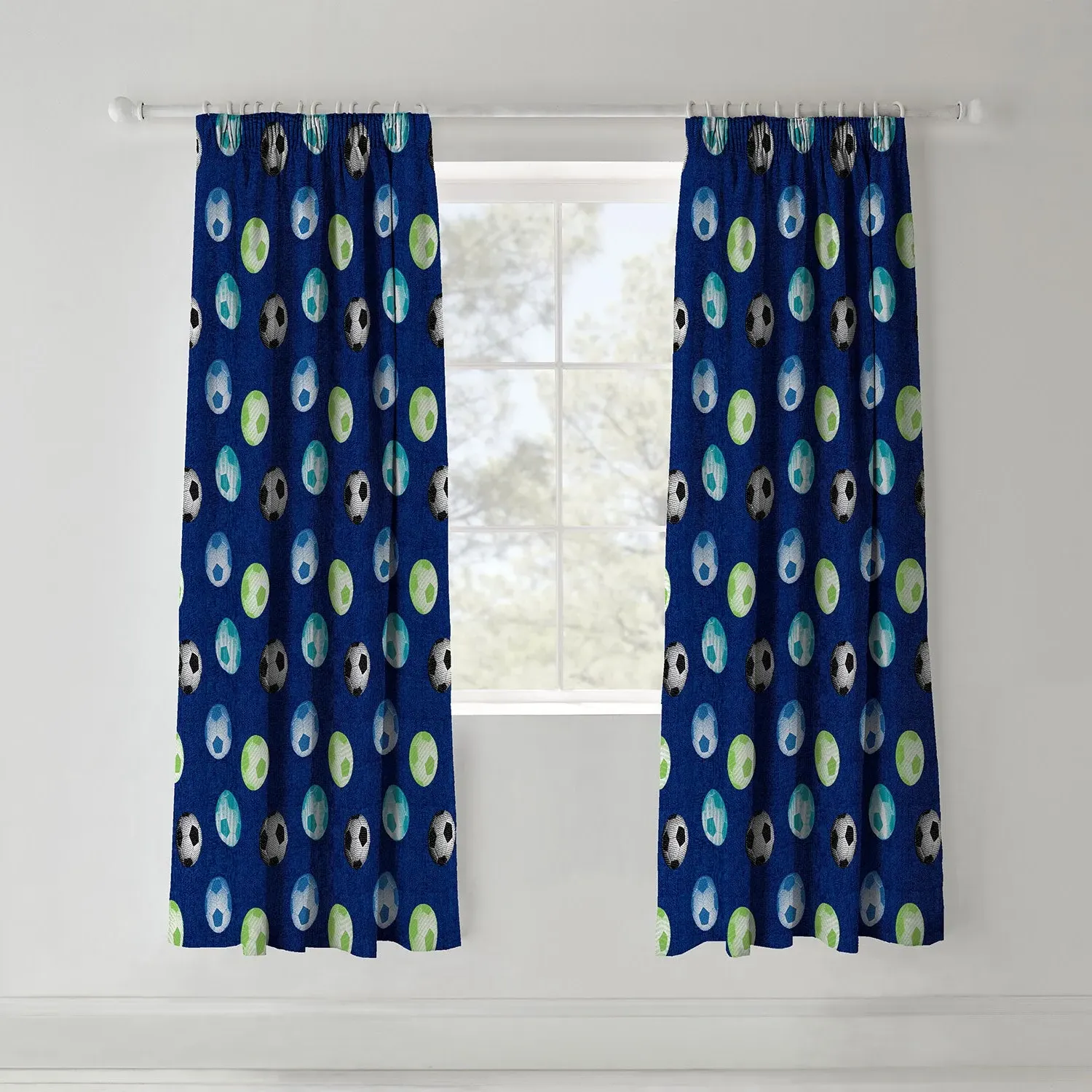 Pencil Pleat Curtains with Football Print - Blue