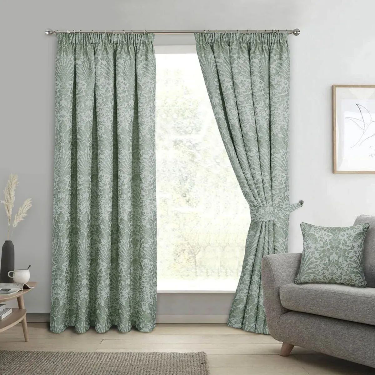 Pencil Pleat Curtains with Lining - Green, Jacquard