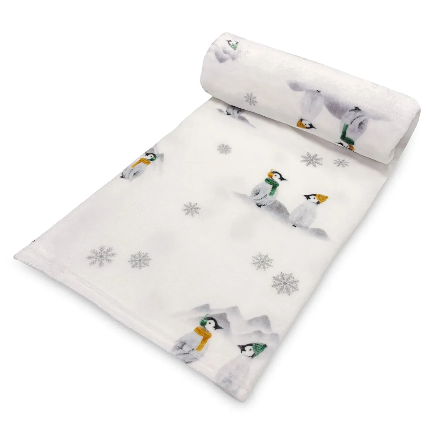 Penguin Pals Printed Fleece Throw - White by Julian Charles, alternate view