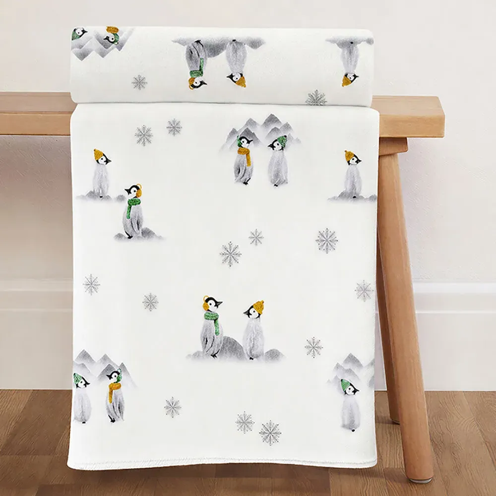 Penguin Pals Printed Fleece Throw - White by Julian Charles