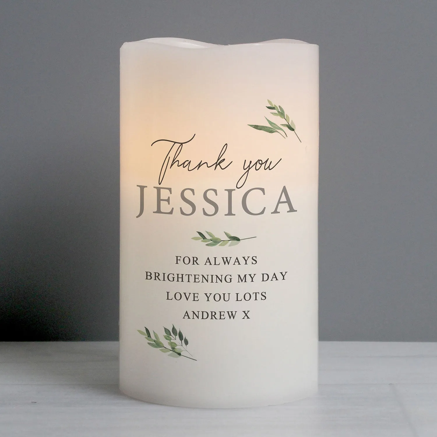 Personalised Botanical Flameless Pillar Candle - White alternate view