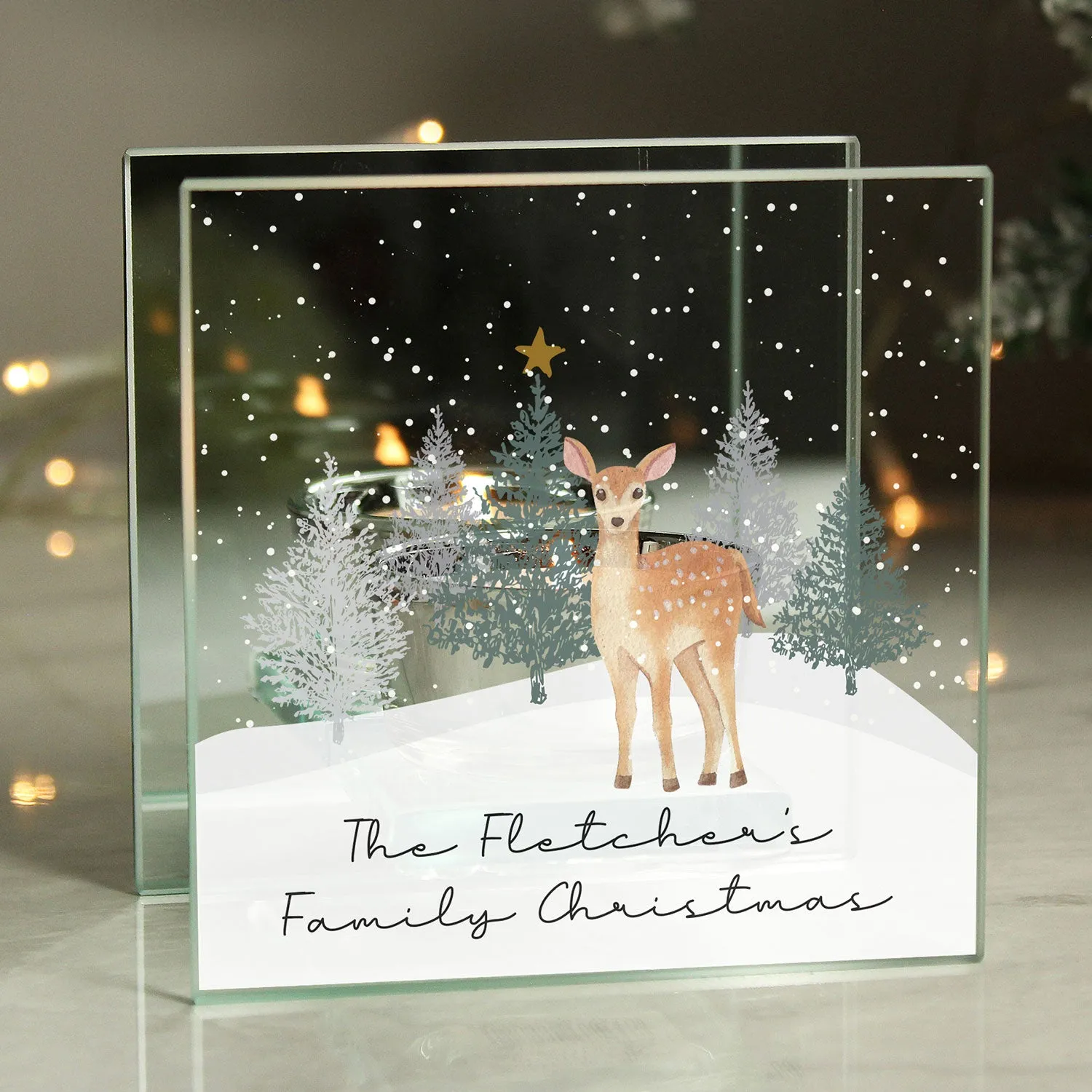 Personalised Christmas Deer Glass Tea Light Holder - White by Julian Charles