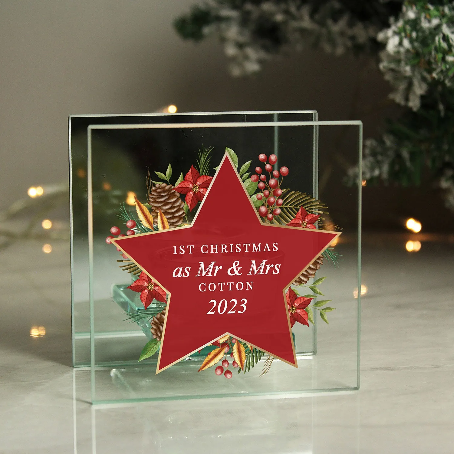 Personalised Christmas Glass Tea Light Holder - Red by Julian Charles