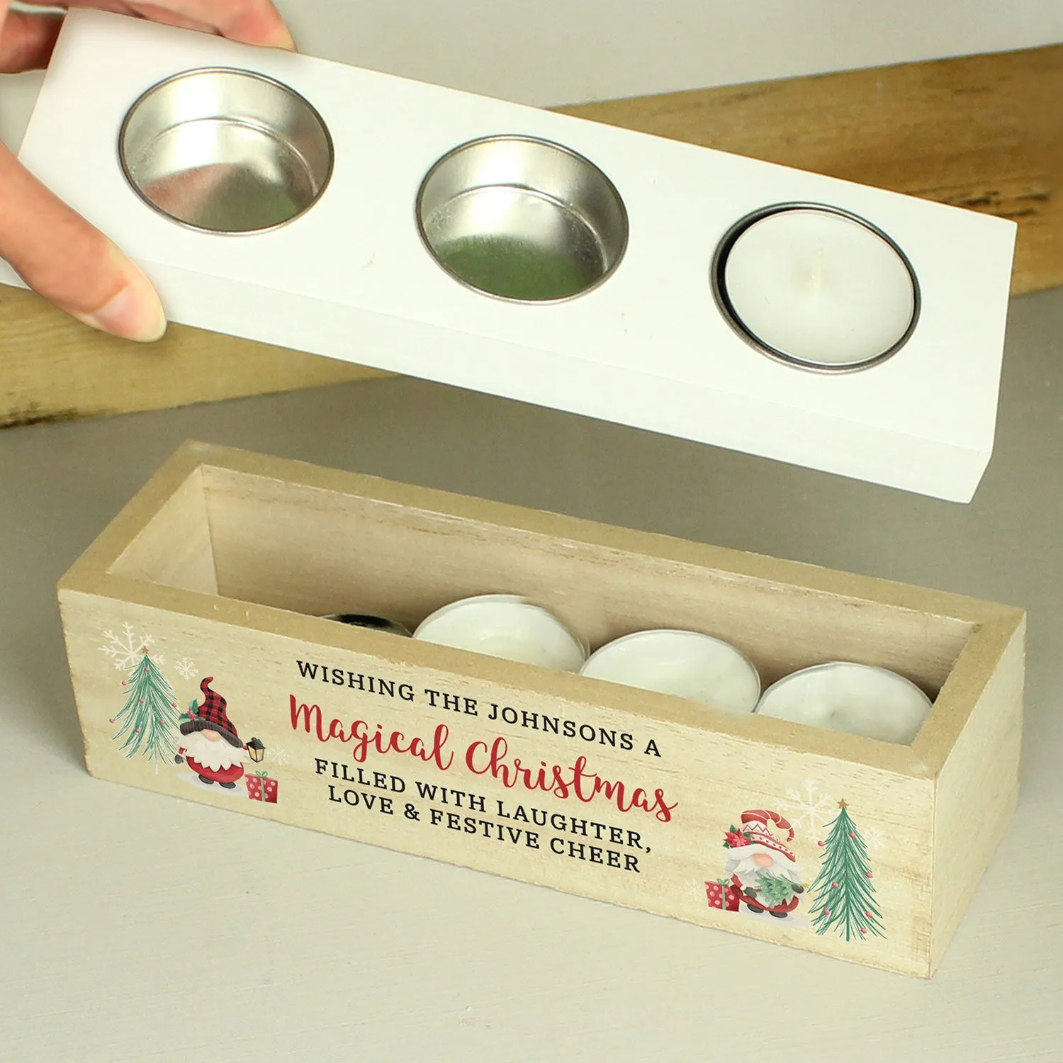 Personalised Christmas Gonk Triple Tea Light Box - Brown, Wood by Julian Charles, image 2
